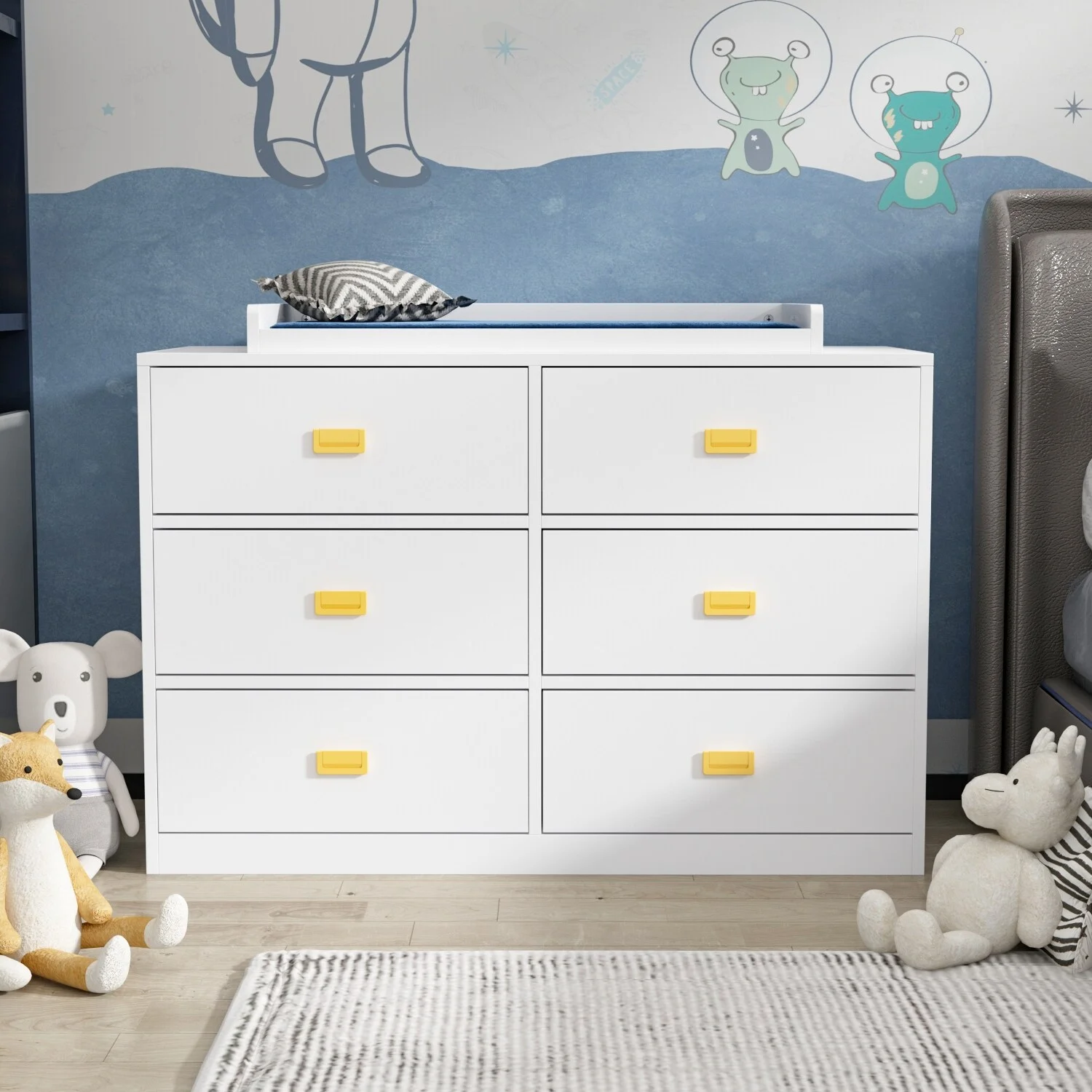 Timechee Changing Table in Gray, Double Dresser with 6 Drawers White
