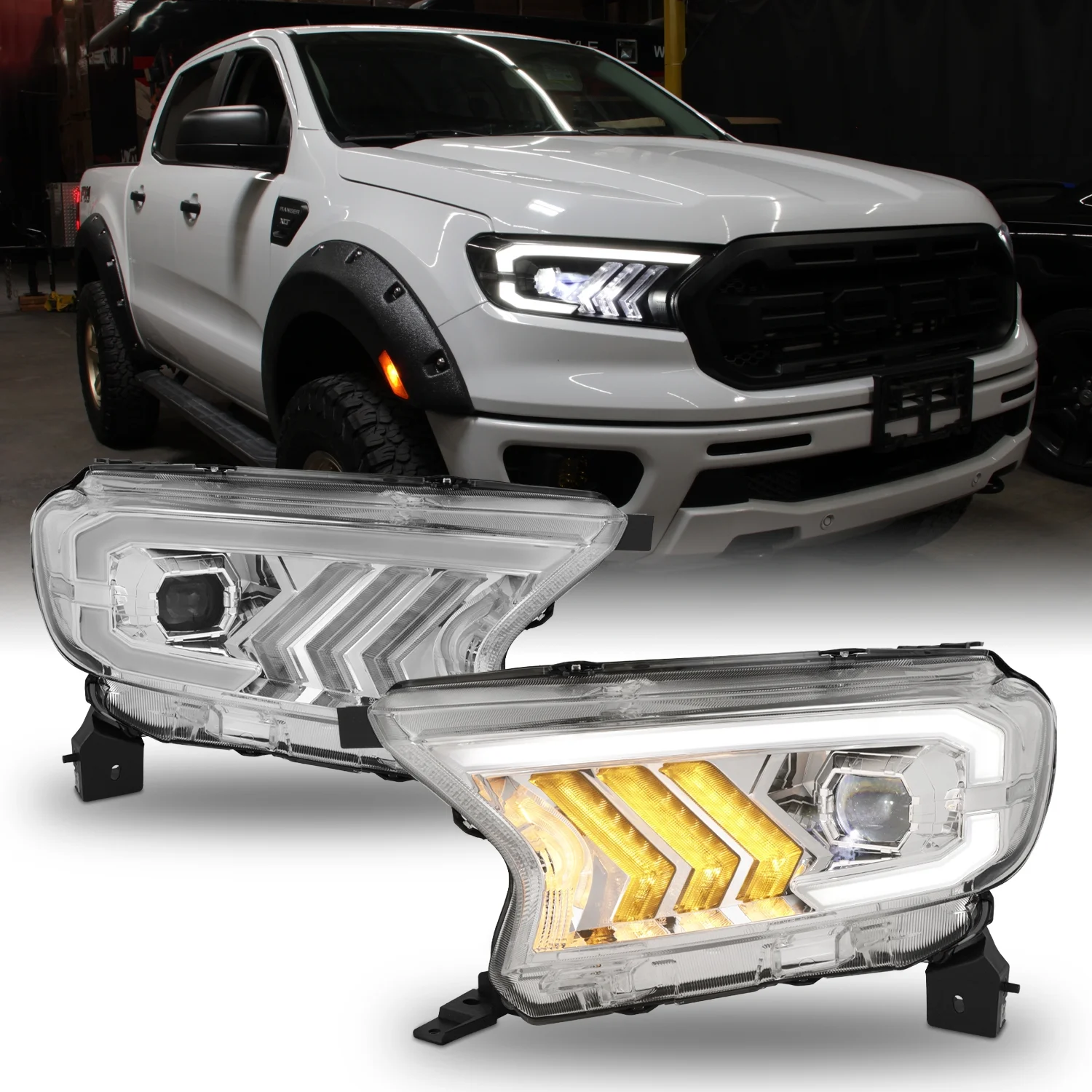 AKKON - Fits 2019 2020 2021 2022 2023 Ford Ranger [Full LED] DRL w/Sequential Turn Signal Projector Headlights Drive + Passenger Chrome