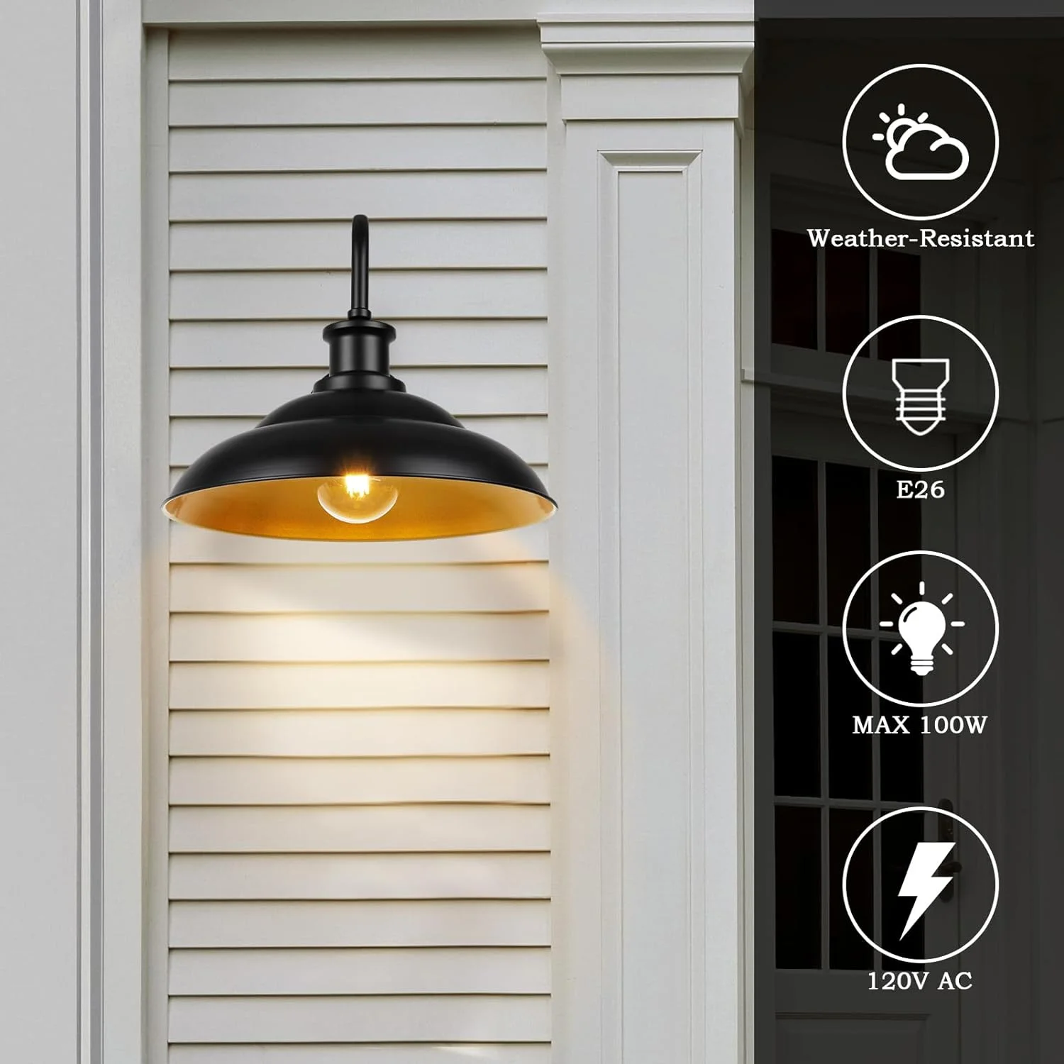 Dusk to Dawn Outdoor Gooseneck Barn Light Fixture, 16 Inch Dome Large Wall Sconce Farmhouse Exterior Wall Mount Light for House Garage Patio Doorway