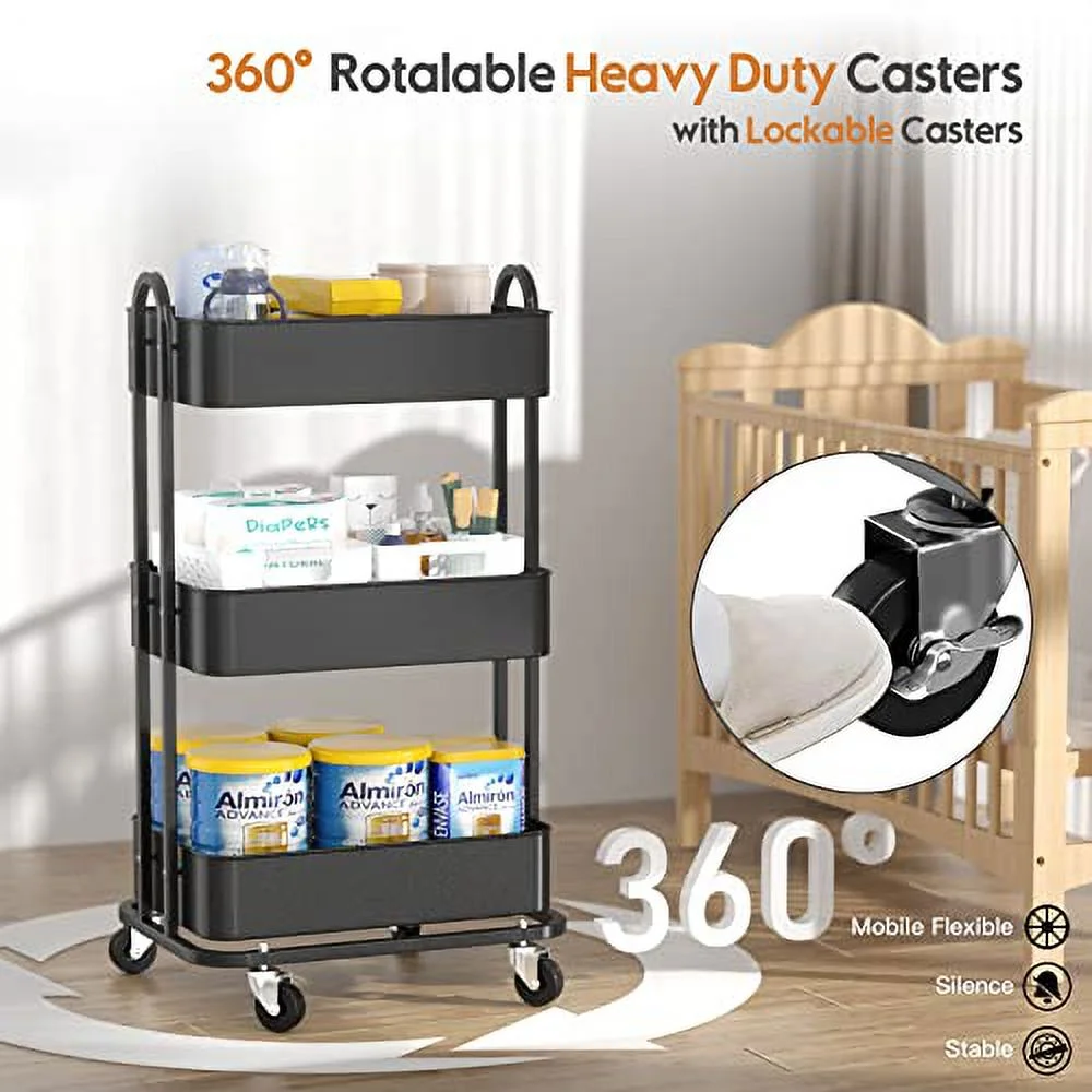 Ceayell 3-Tier Metal Rolling Storage Cart Heavy Duty Utility Cart Organizer with Lockable Wheels Black