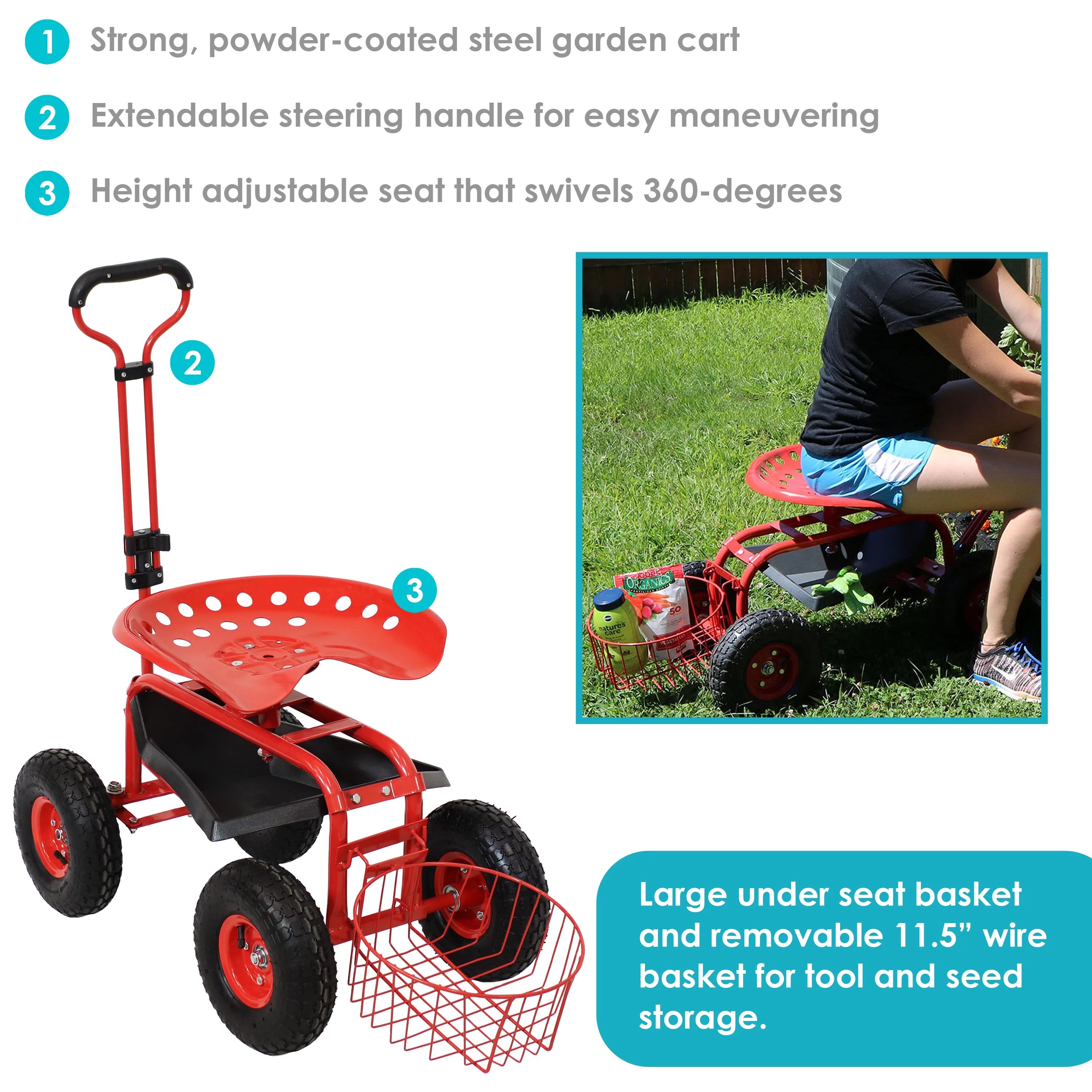 Sunnydaze Rolling Garden Cart with Steering Handle and Swivel Seat - Red