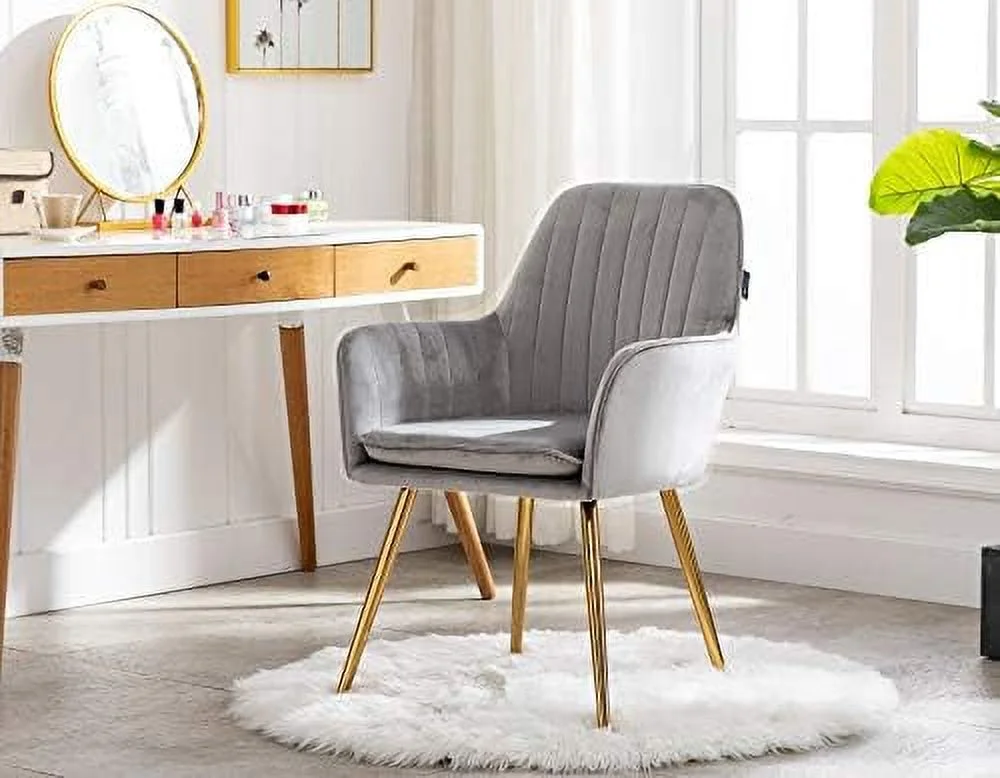 TJUNBOLIFE Velvet Modern Living Dining Room Arm Chair Club Leisure Guest Lounge Bedroom Upholstered Chair with Gold Metal Legs  Gray