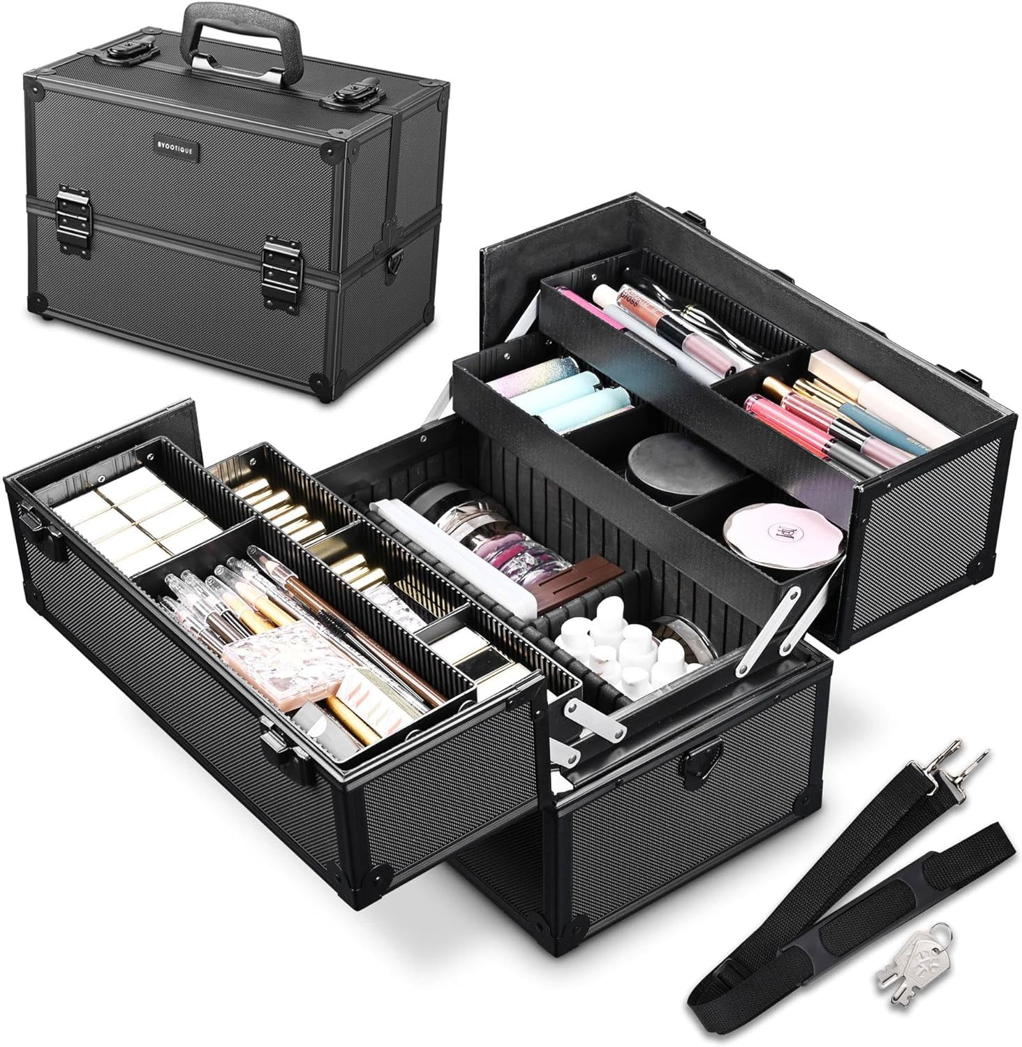 BYOOTIQUE 14 Inch Makeup Train Case Pro Adjustable 4 Trays Cosmetic Case Storage Organizer Box With Lock Compartments Large Black