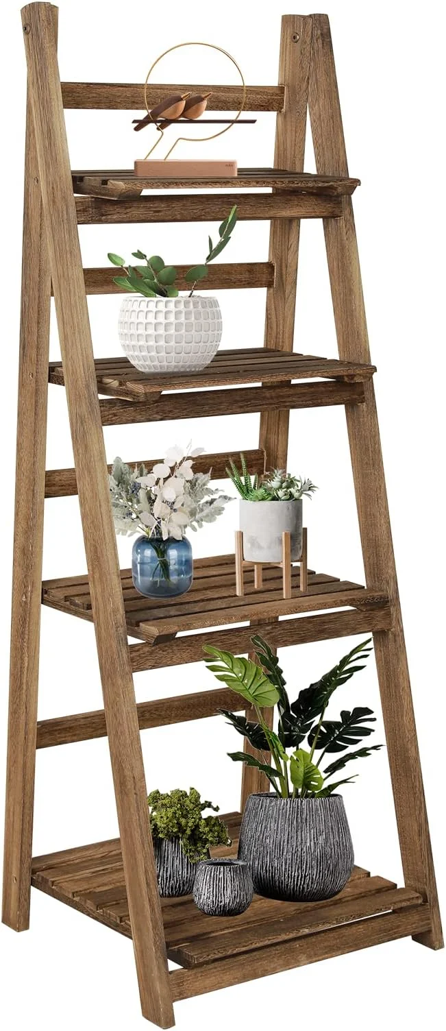 STFHJB 4-Tier Ladder  Ladder Bookshelf Plant Ladder Stand Indoor  Wood Ladder  Folding Plant  Decorative Flowerpot Stand Rustic Ladder Shelves  Room  Bedroom Office (Brown)