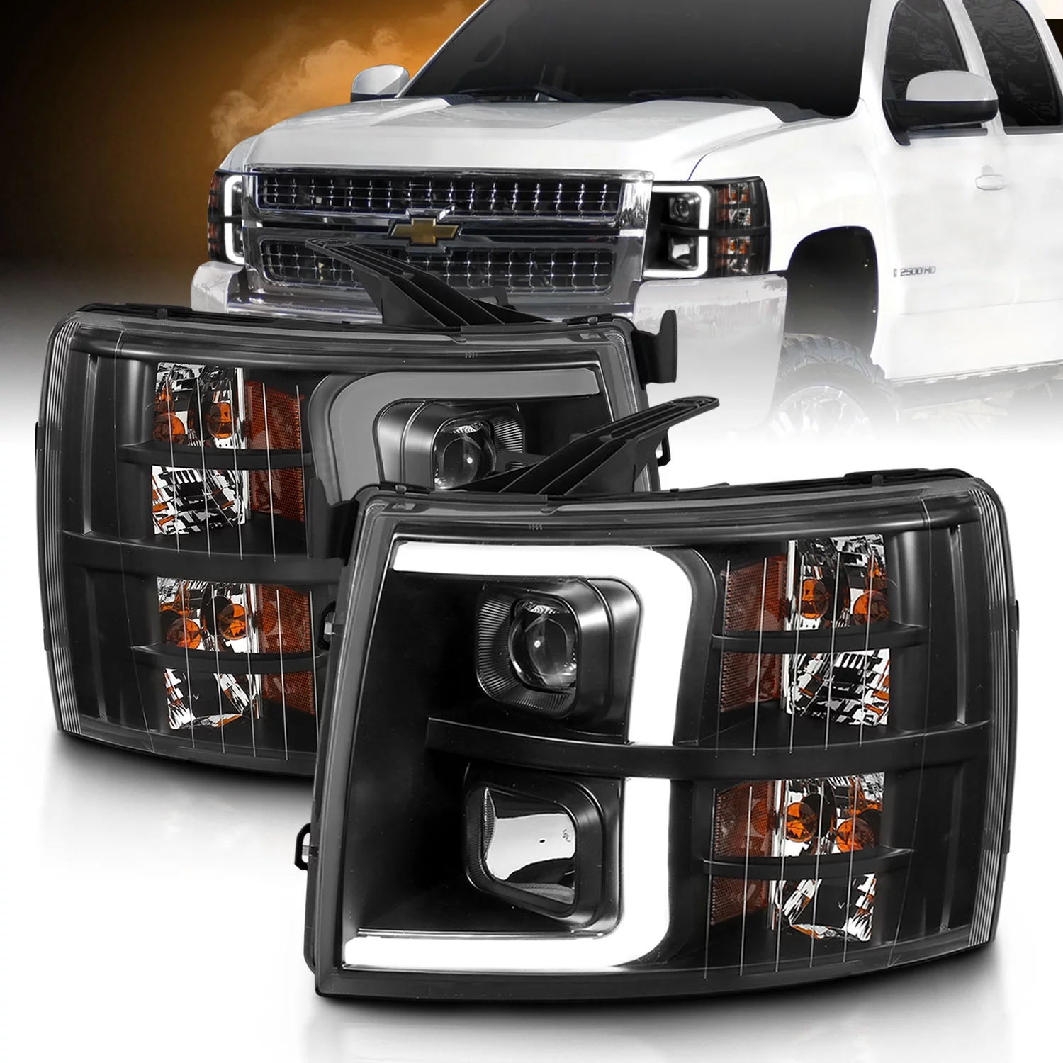AmeriLite for 2007-2013 Chevy Silverado 1500/07-14 Silverado 2500HD 3500HD LED Tube Quad Projector Black Headlights