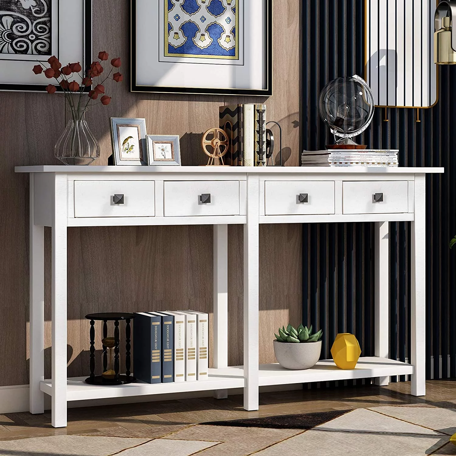 Retro Console Table Sofa Table for Entryway with Drawers and Shelf Living Room Sideboard