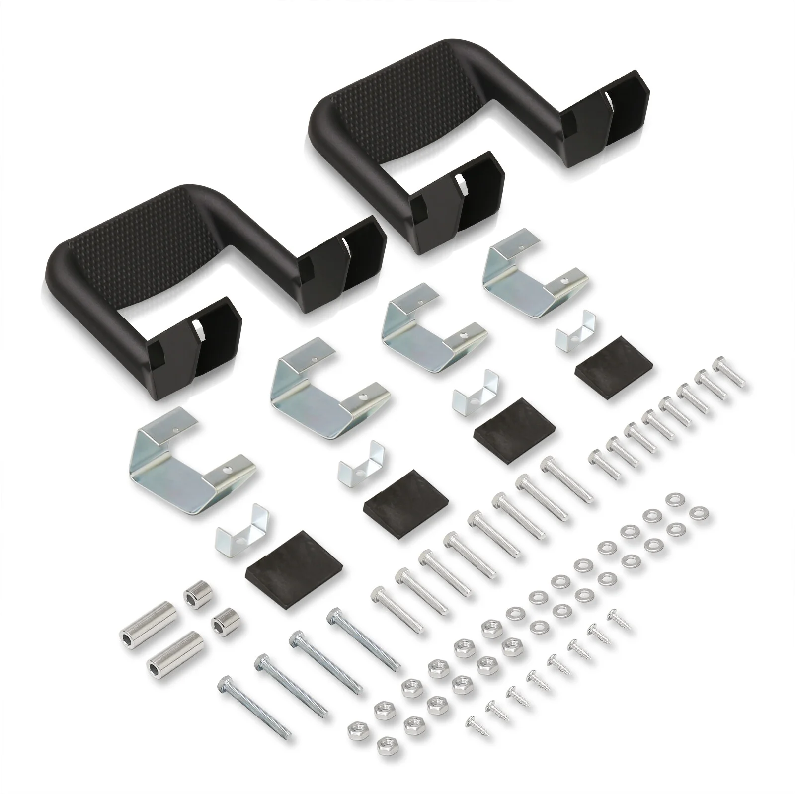 AJP Distributors Universal 2-Piece Cast Billet Aluminum Black Side Hoop Steps Nerf Bars Pair Set of 2 + Mounting Brackets Hardware Compatible/Replacement For Chevy Ford Jeep Dodge Ram Pickup Truck SUV