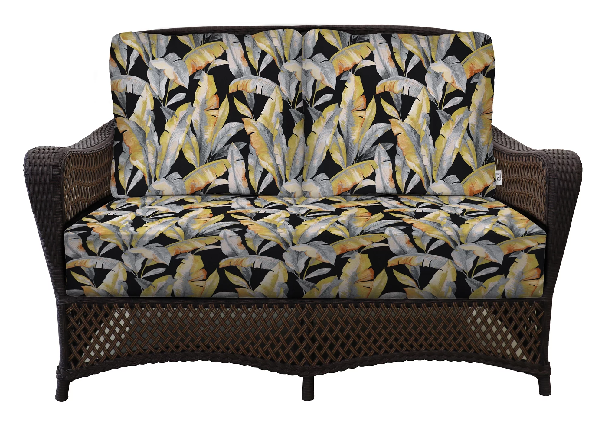RSH Décor Indoor Outdoor Pillow Back Deep Seating Loveseat Cushion Set, 46”x 26” x 5” Seat and 25” x 21”, Mekko Noir Black Tropical Leaf