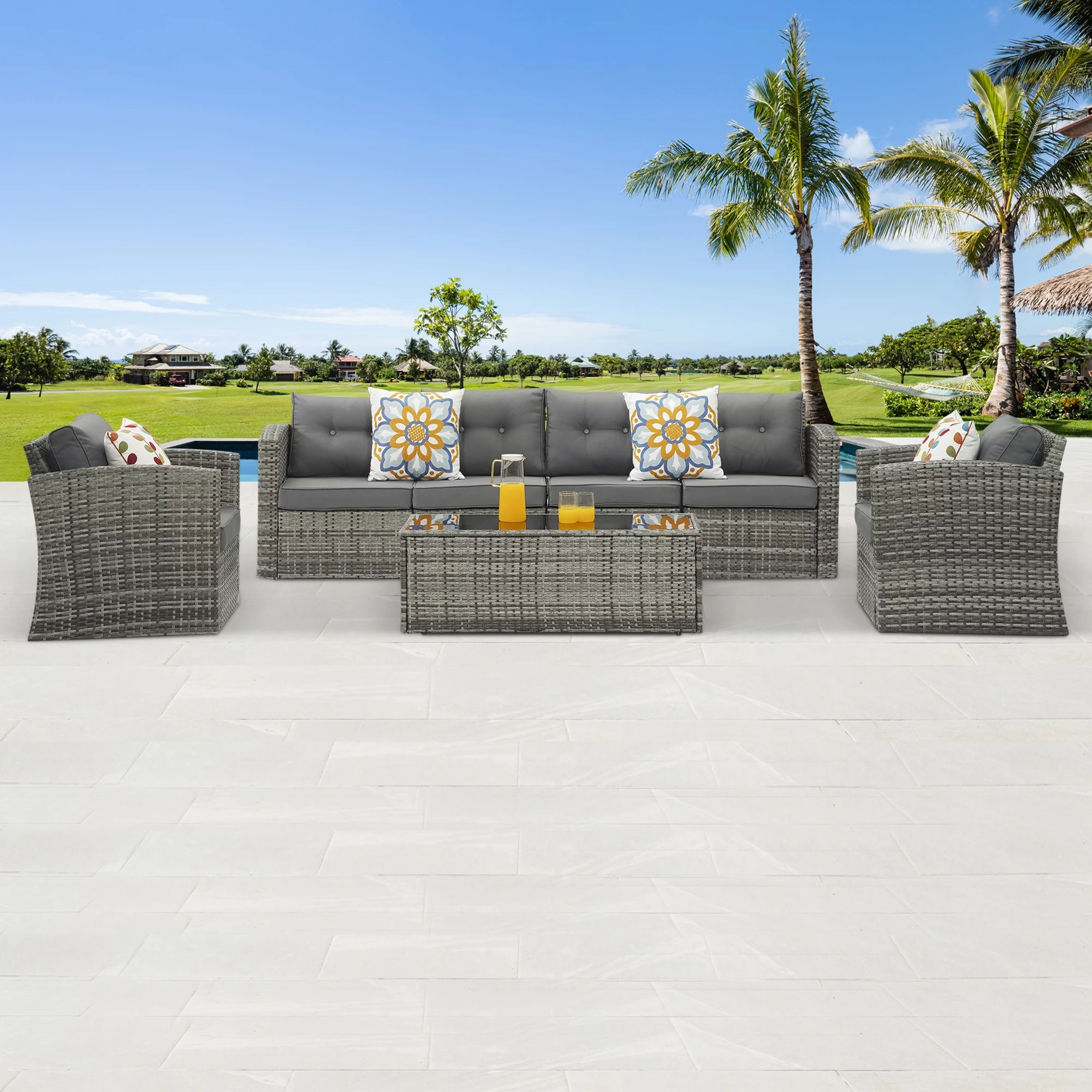 Royalcraft Outdoor Patio Furniture Set,7 Pieces Outdoor Sectional Wicker Sofa PE Rattan Conversation Sets with Non-slip Cushions,Aluminum Frame,Grey