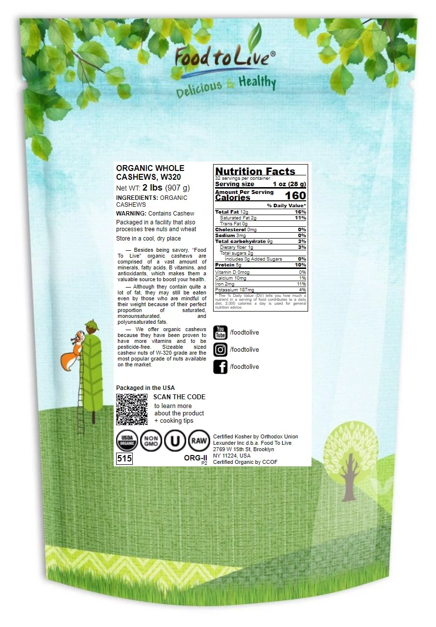 Food to Live, Organic Whole Cashews, W320, 2 Pounds, Non-GMO, Vegan