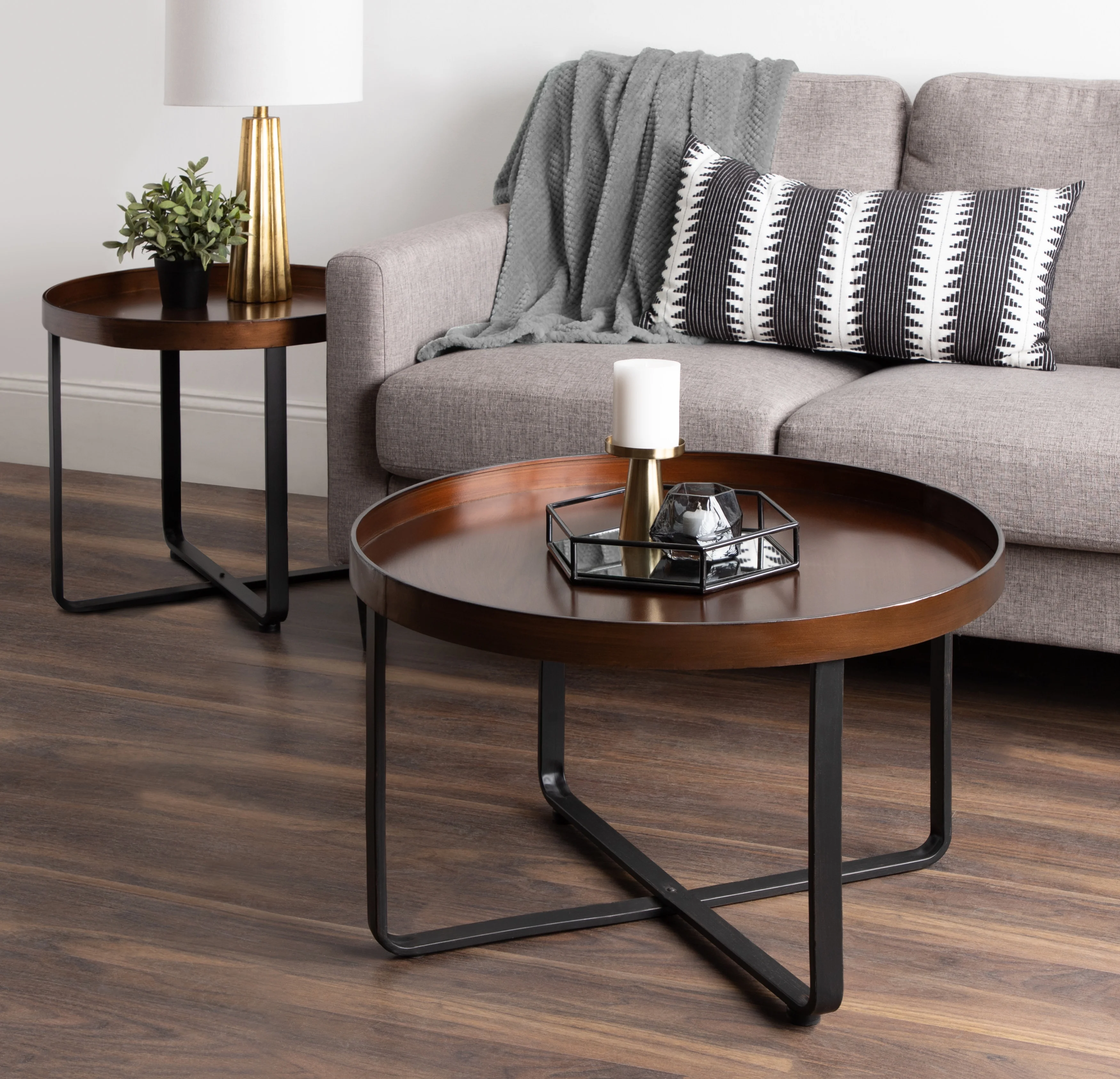 Kate and Laurel Zabel Modern Round Metal Coffee Table with Criss-Cross Base, Bronze and Black
