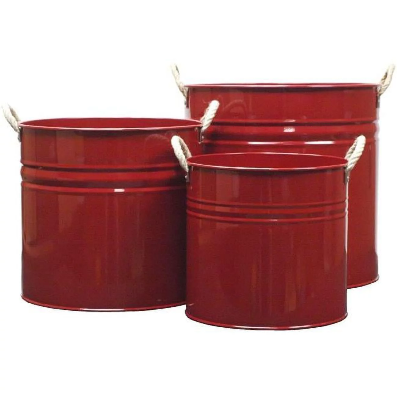 Houston International Trading 6720E XR Enameled Galvanized Planters with Rope Handle, Red - Set of 3