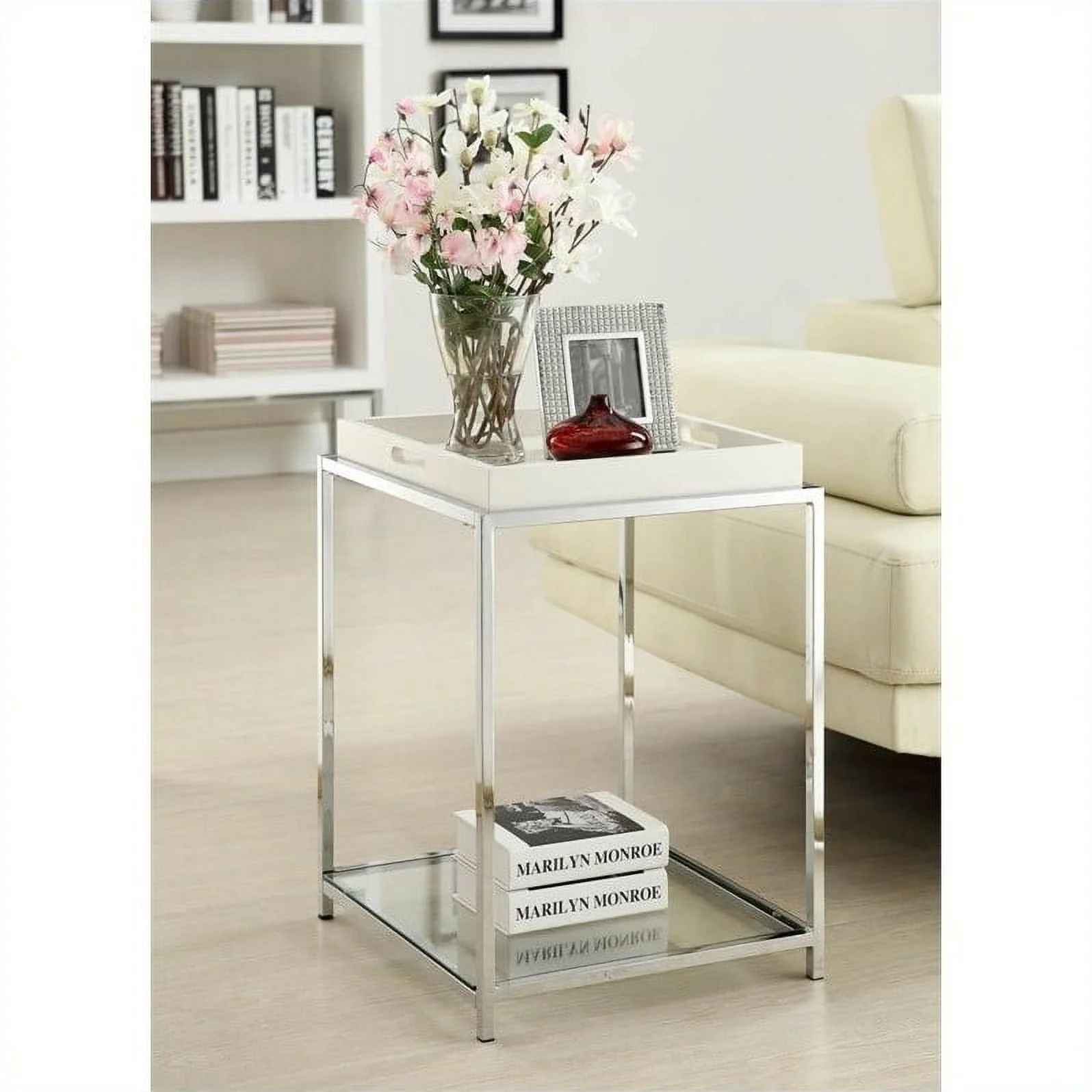 Pemberly Row Square Steel Frame Glass End Table in Chrome