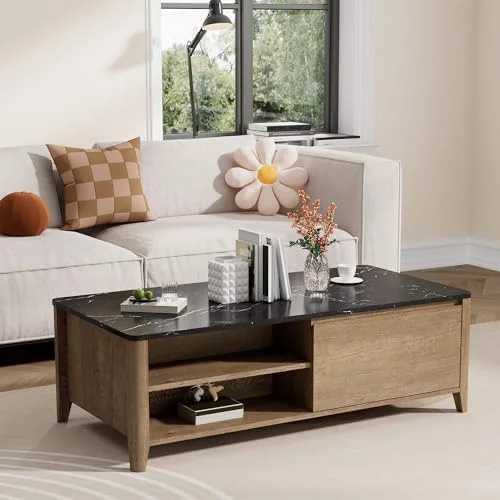 HOOMHIBIU White Marble Top Coffee Table  Scandinavian Style Wood Rectangualr Cocktail Table with 2 Drawers and 4 Shelves for Living Room   Home  Office  Balcony