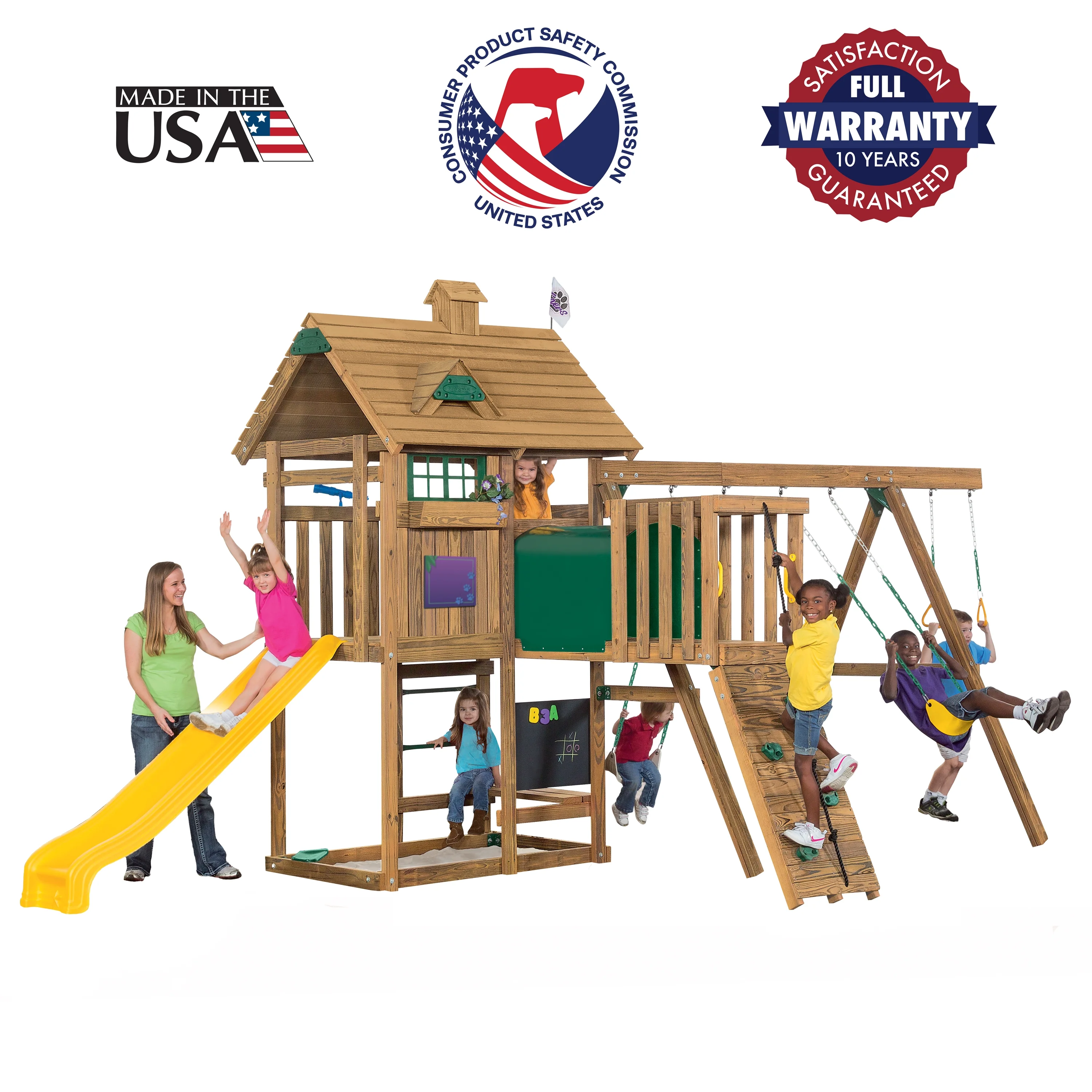 PLAYSTAR ALL PRO BRONZE SWING SET (A). SOUTHERN PINE LUMBER. INCLUDES SLIDE, ROCK CLIMBING WALL. ADVENTURE TUNNEL, SWINGS, GYM RINGS, & CLIMBING BARS. 15 ACTIVITIES 21X10X10 FT