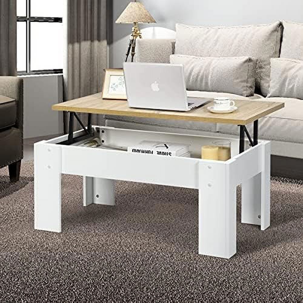 TJUNBOLIFE Wood Lift Top Coffee Table  Pop-Up Cocktail Table with Hidden  Compartment  Sofa Center Table for Living Room/White