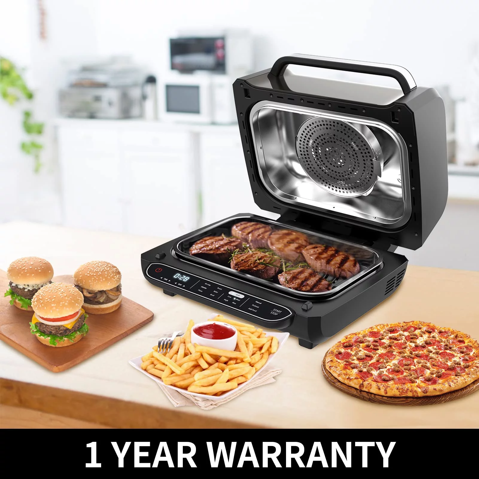 Geek Chef Smart Indoor XL Air Fryer Grill Combo,40 Recipes & 7-in-1 Cooking Functions, Smokeless & Oilless Cooker, Digital Electric Countertop Grill, Temp & Time Control, ETL Certified, 1700W, Black