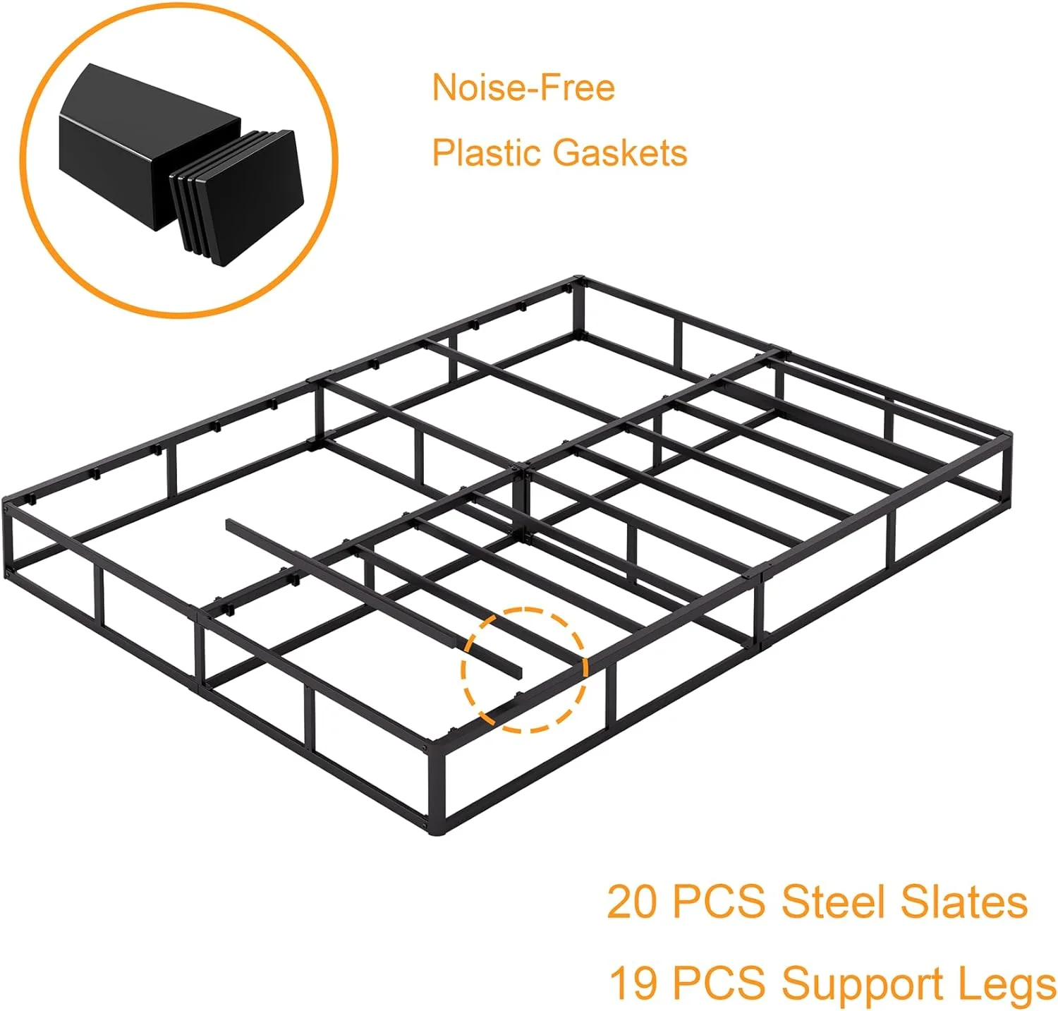 YILAN Queen Box Spring，5 Inch Low Profile Metal Boxspring with Non-Slip Fabric Bed Cover, Sturdy Heavy Duty Steel Structure Bed Base, Noise-Free Mattress Foundation, Easy Assembly，Black