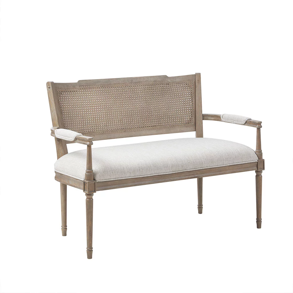 Homiyad Rustic Settee Features Pillow Topped Arms and An Attached Cushion Upholstered in A Beige Fabric