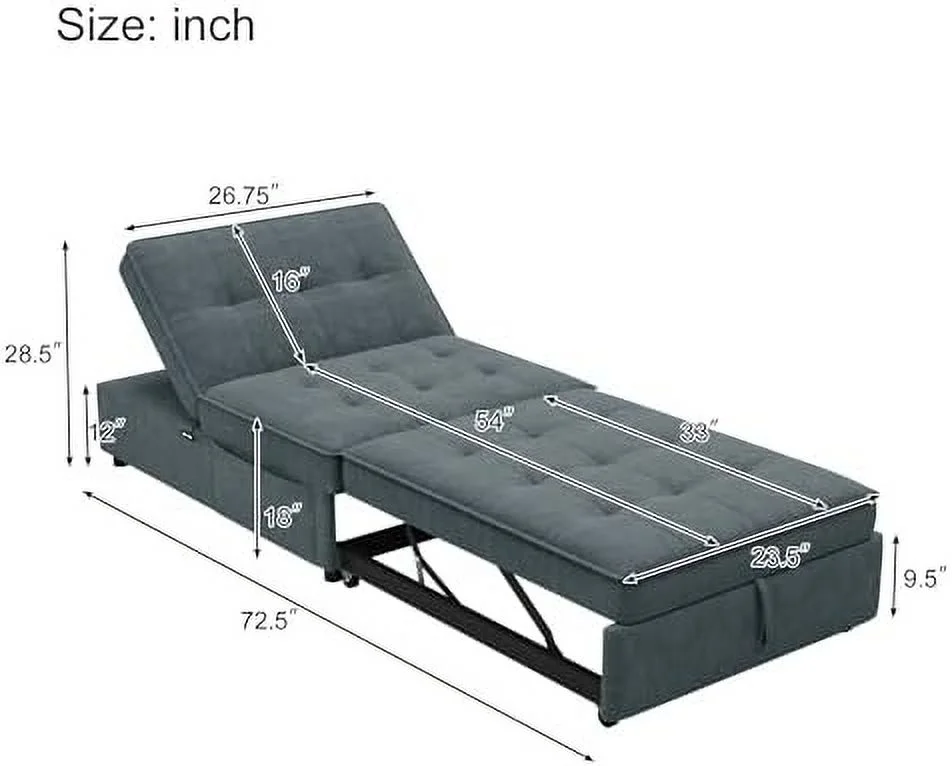 MQLIFEBOOM 4-in-1 Sofa Bed Chair Multi- Folding Ottoman Bed Convertible Lounge Sofa Chair with Pocket and USB Port for Living Room  Bedroom  Office (Dark Blue)