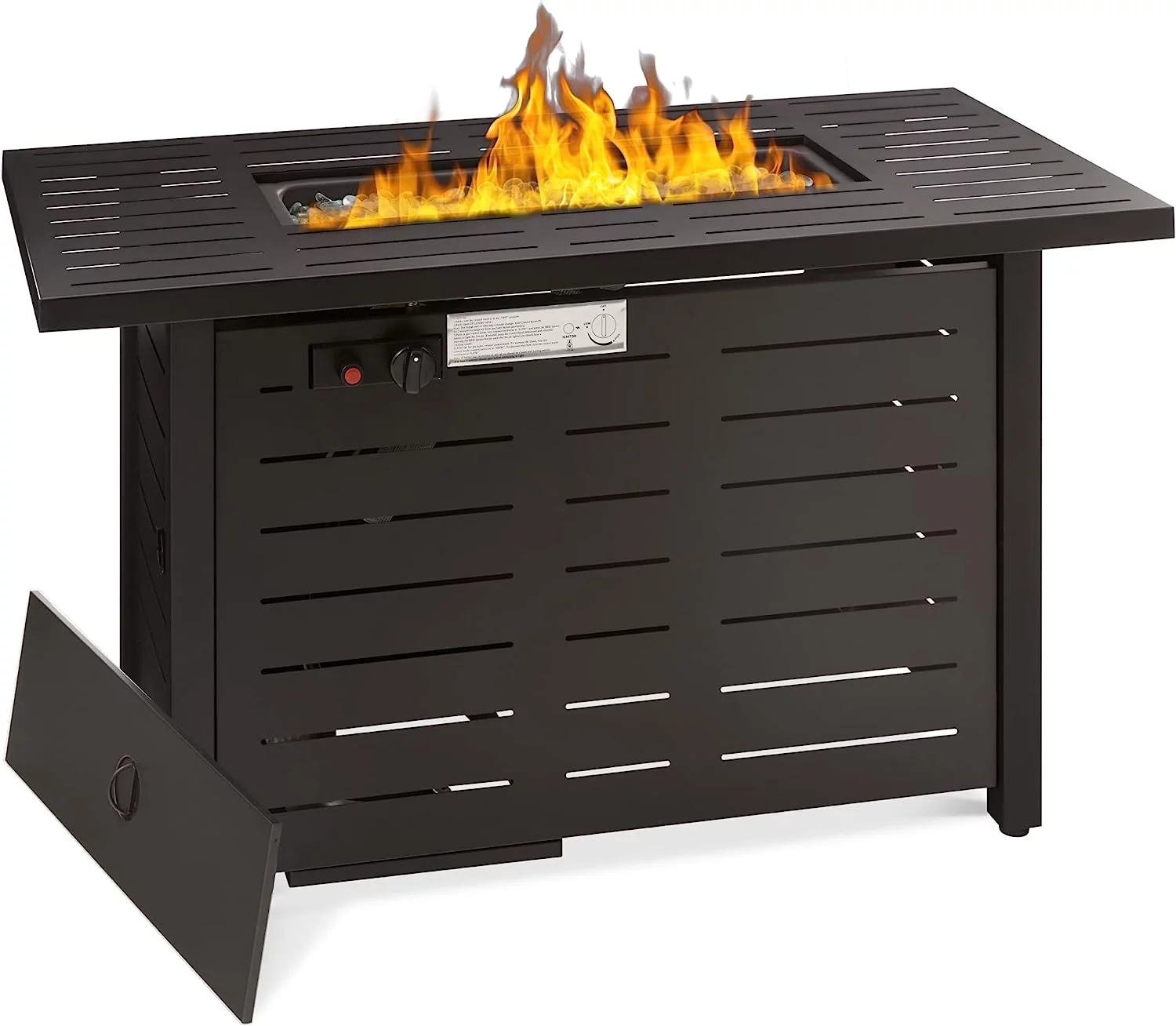 Fire Pit Table 42in 50,000 BTU Rectangular Steel Propane Gas for Outdoor, Patio w/Burner Lid, Auto Ignition, Hideaway Tank Storage, Cover, Glass Beads - Dark Brown