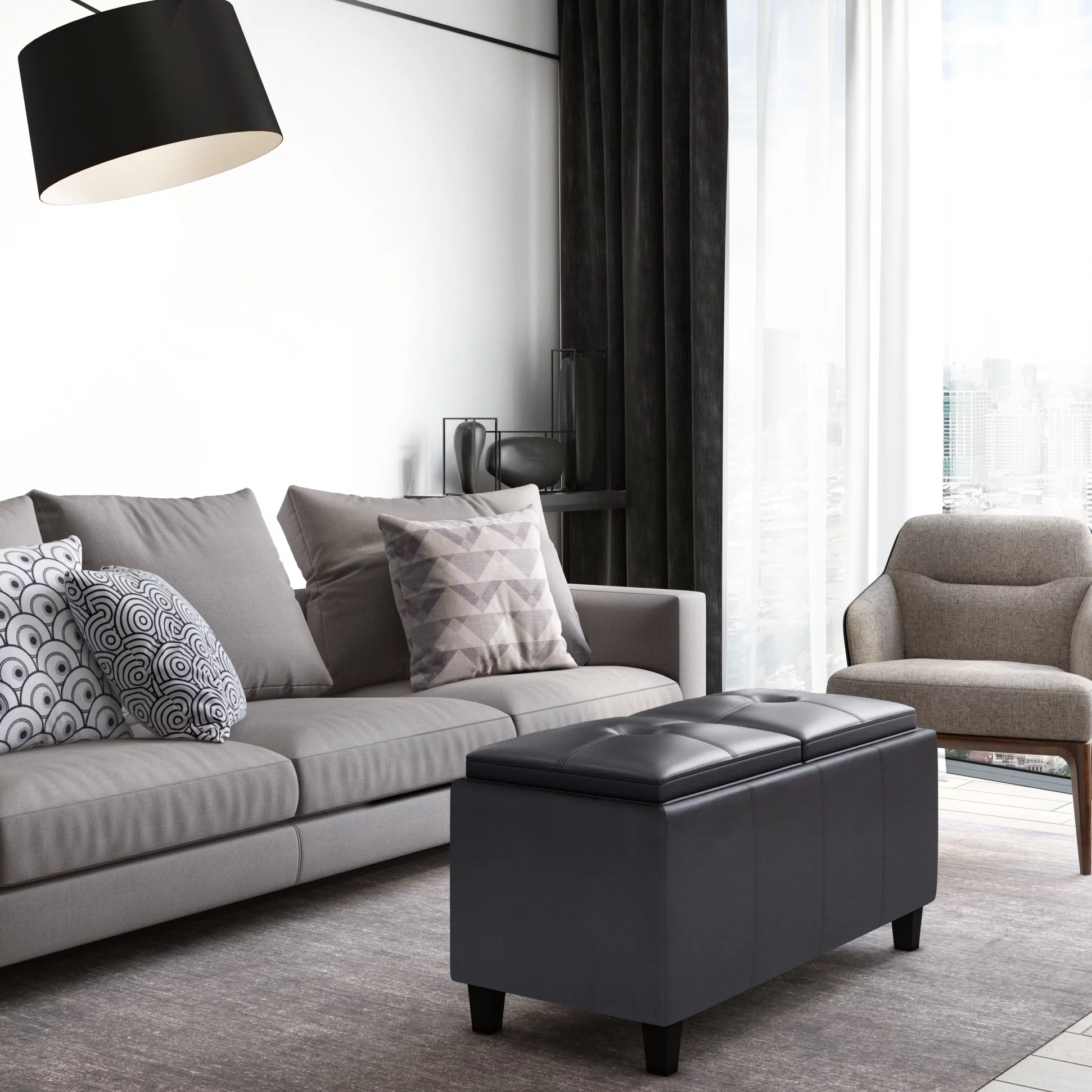 Avalon 42 inch Wide Contemporary Rectangle 2 Tray Storage Ottoman in Tanners Brown Faux Leather