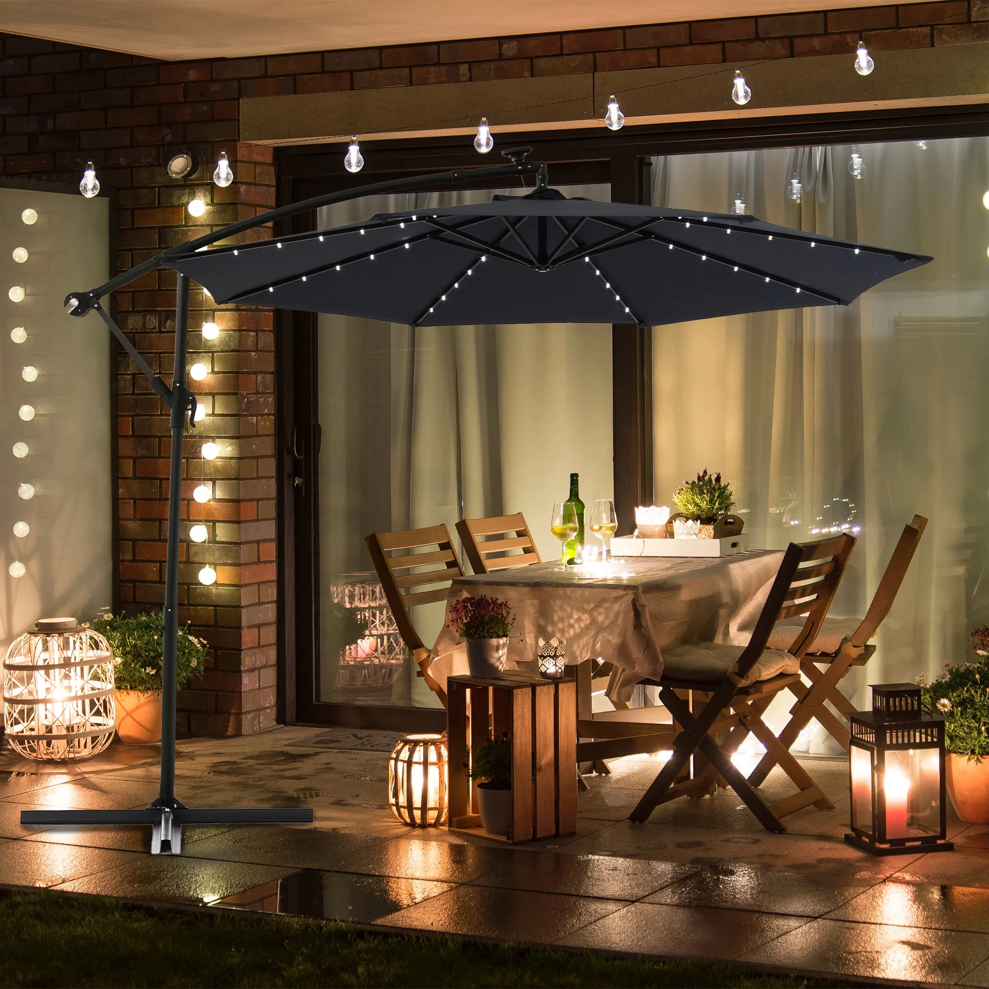 Villeston 10 FT Patio Beach Outdoor Solar Umbrella, Offset Cantilever Umbrella with 40 Solar LED Lights,Navy