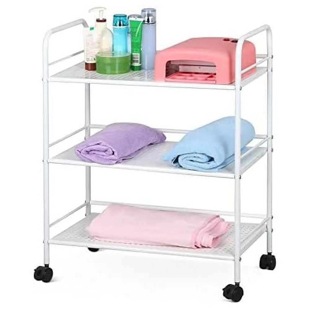 3 Tier Salon Trolley Cart, Tray And Metal Frame For Salon Spa Medical Office Treatmen, Rolling Service Cart With 3 Shelf, 4 Mobile Casters Base, SPA Tool Holder,White