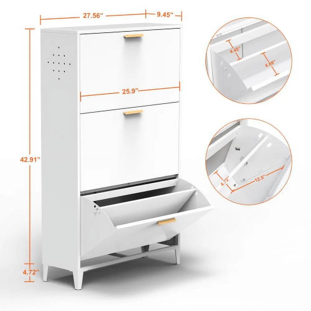 Motent 3 Drawer All Steel Shoe Cabinet, Freestanding Shoe Rack Storage Organizer with Flip Door, Modern Tipping Bucket Shoe Cabinet for Entryway, Hallway, Bedroom, White