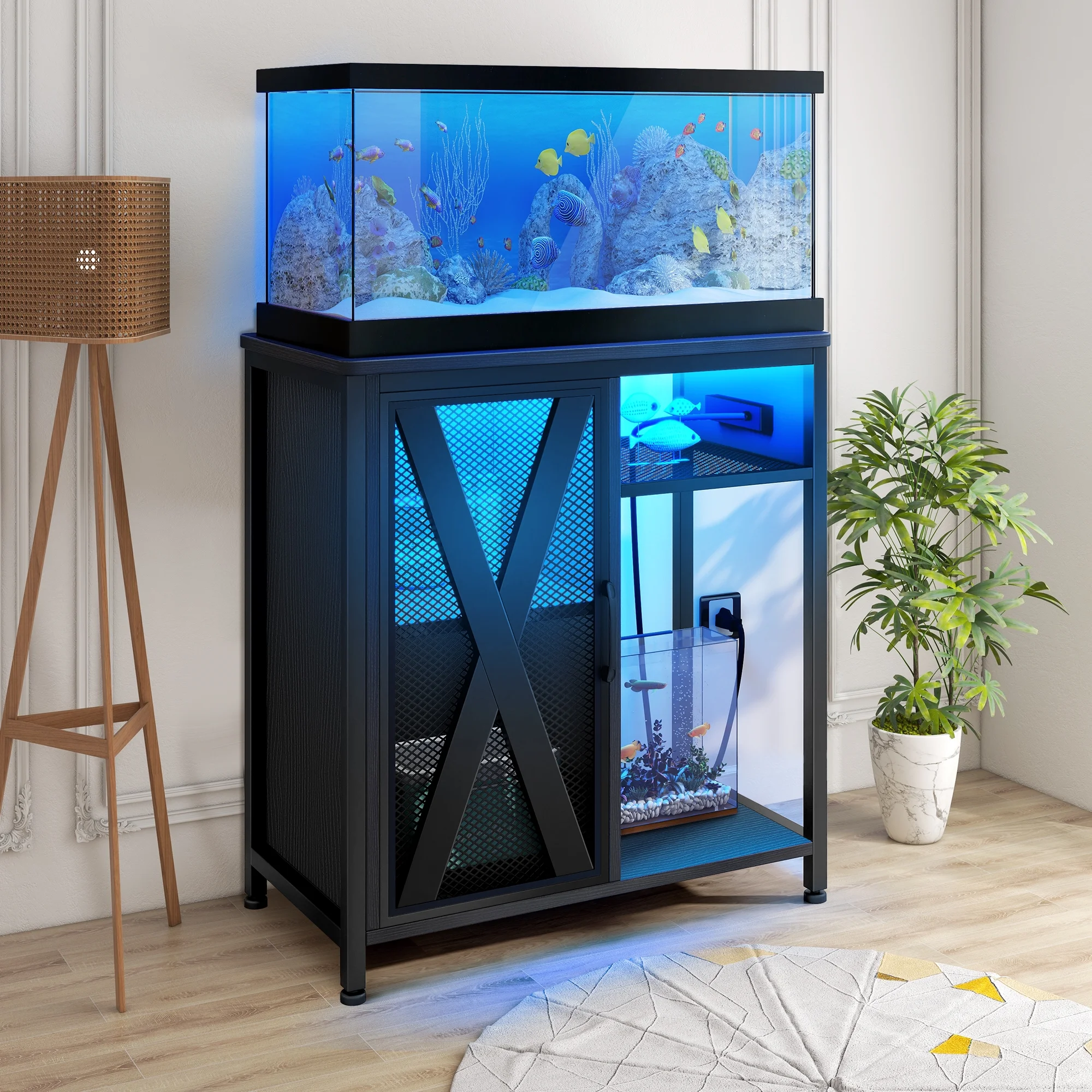 Dextrus 20-29 Gallon Aquarium Stand with Power Outlets & LED Light, Aquarium/Fish Tank Stand with Cabinet, 385LBS Capacity - Black