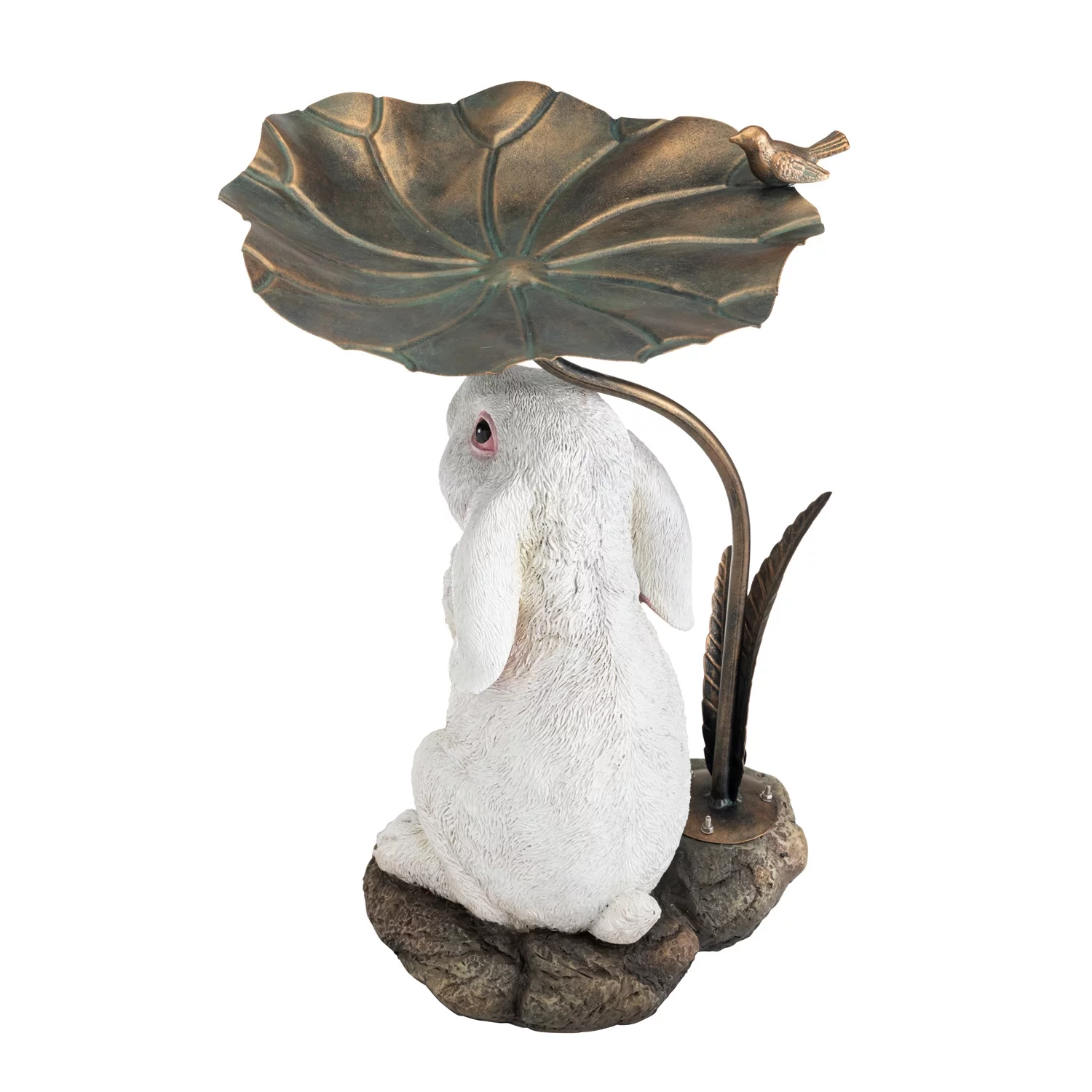 BUNNY WITH METAL LEAF BIRDBATH