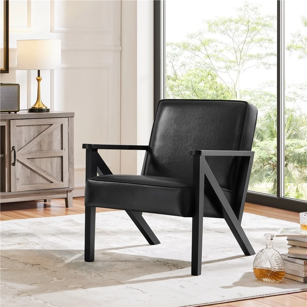 Yaheetech  Faux Leather Accent Chair with Wood Legs for Living Room Black