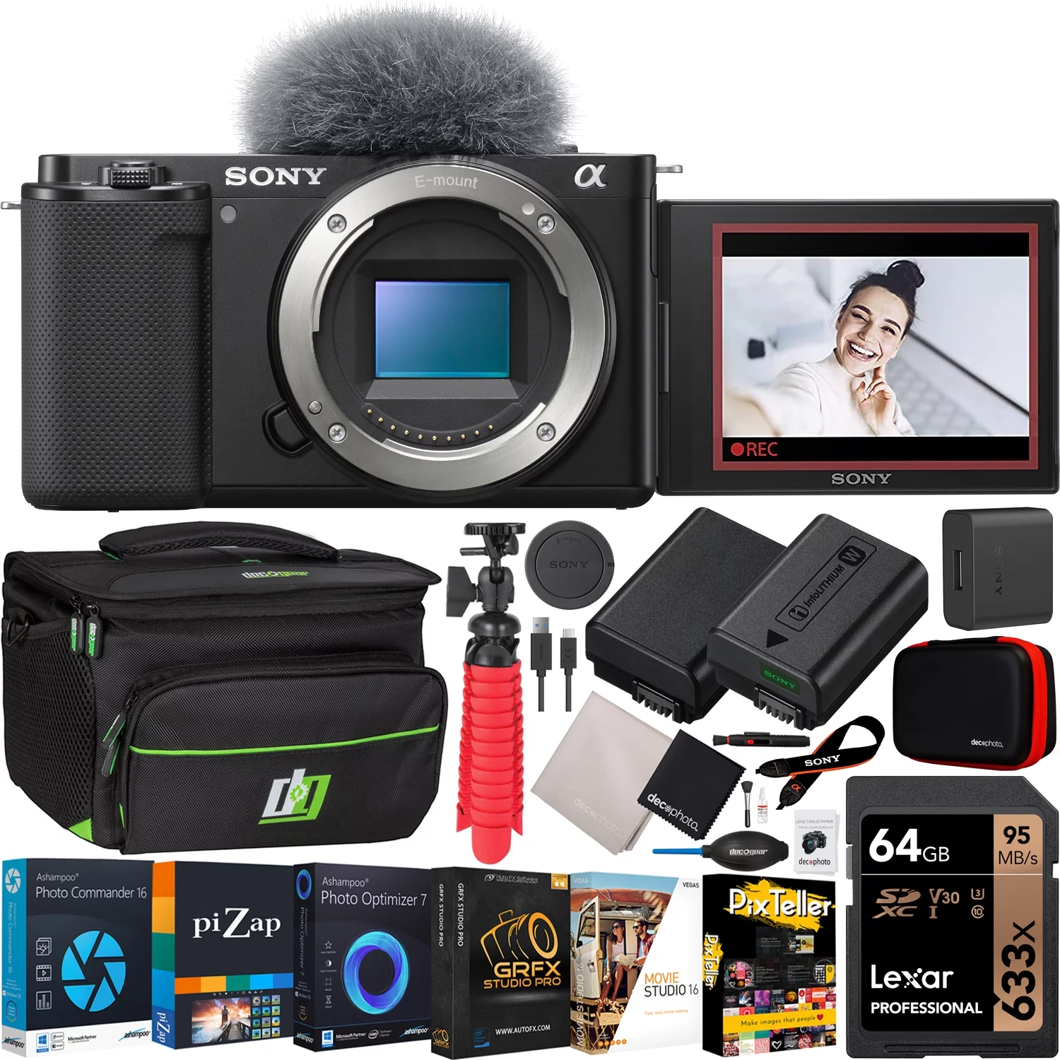 Sony ZV-E10 Mirrorless Alpha APS-C Interchangeable Lens Vlog Camera (Body, Black) ILCZV-E10/B Bundle with Deco Gear Photography Case + Extra Battery + Photo Video Software & Accessories Kit