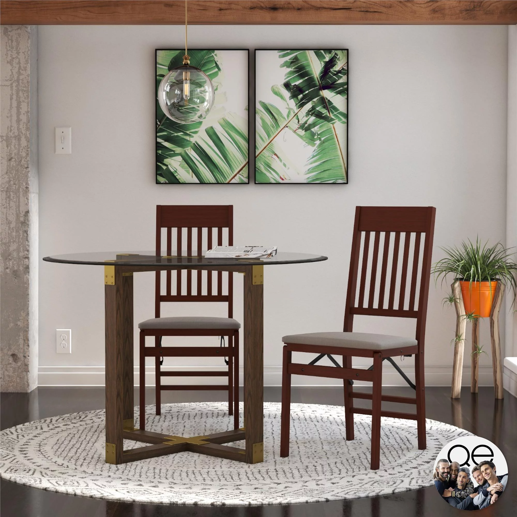 Queer Eye Oliver Mission Back Wood Folding Chair with Fabric Seat, Walnut Brown, 2-Pack