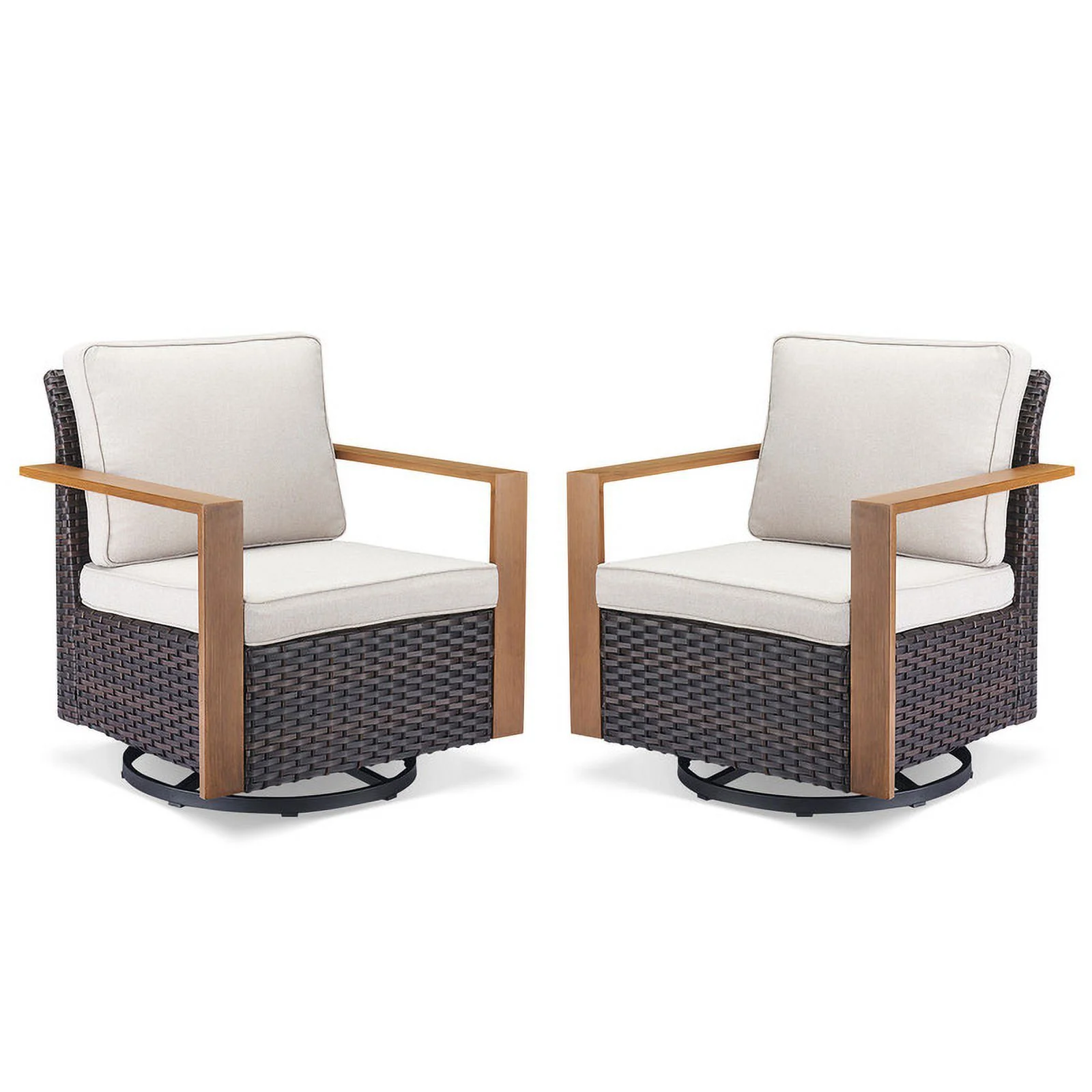 PARKWELL Classic Swivel Glider Chair Set of 2, Patio Cushioned Lounge Swivel Rocker Arm Chair for Balcony Yard,Brown Wicker and Beige Cushions