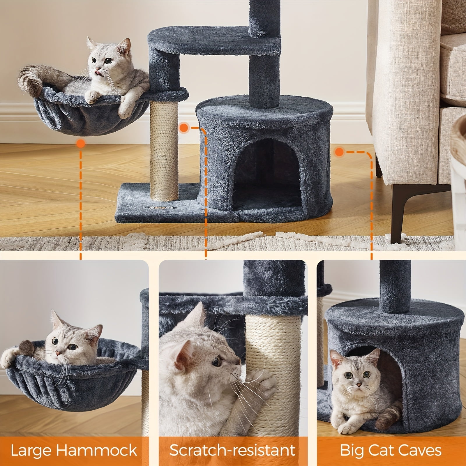 Feandrea Cat Tree, Small Cat Tower, Cat Condo, Kitten Activity Center With Scratching Post, Basket, Cave, Smoky Gray