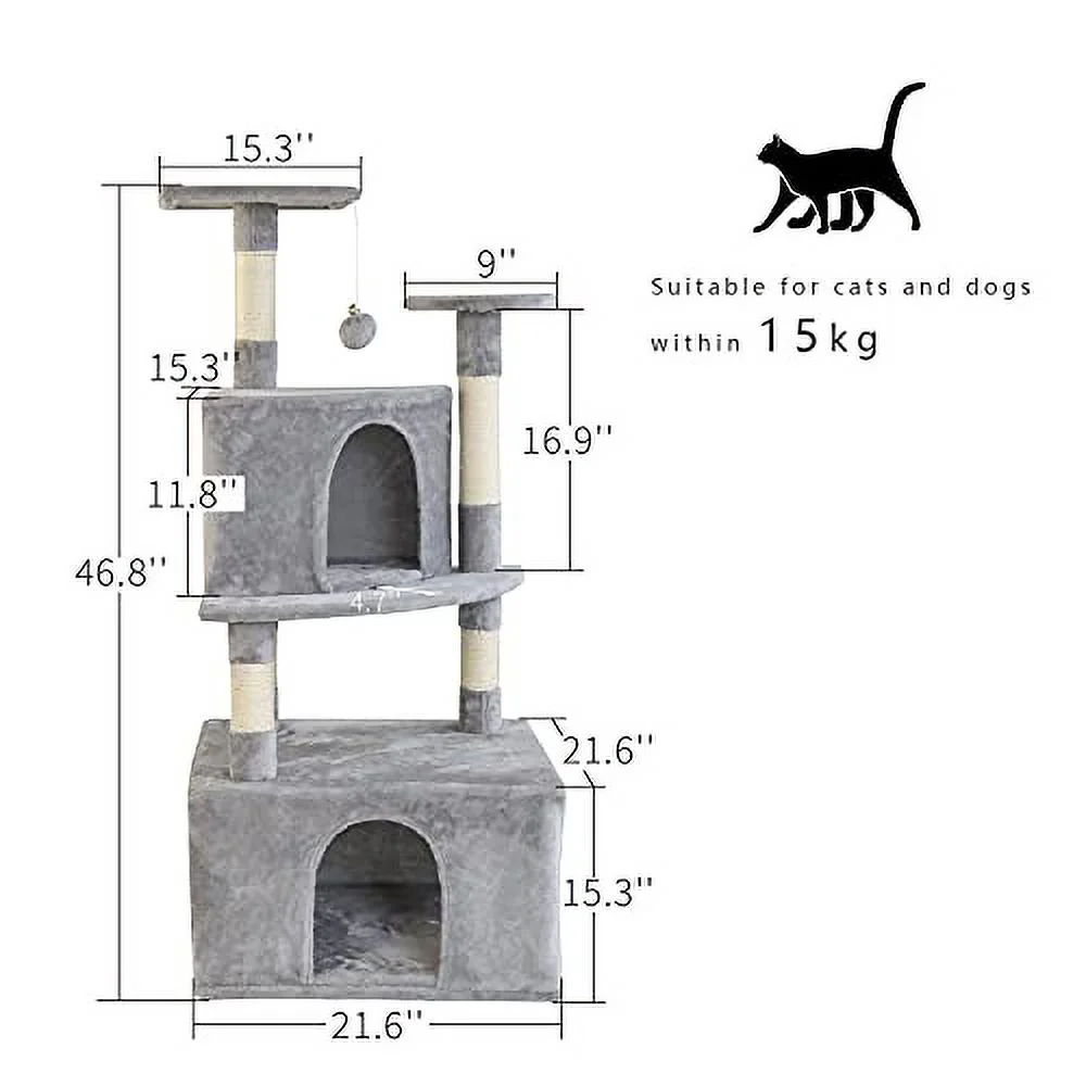 OTLIVE Newly Designed Cat Tree Condo, 46.8'' Multi-Level Large Cat Activity Tree with Cat Scratching Post and Big Cat House (Grey)