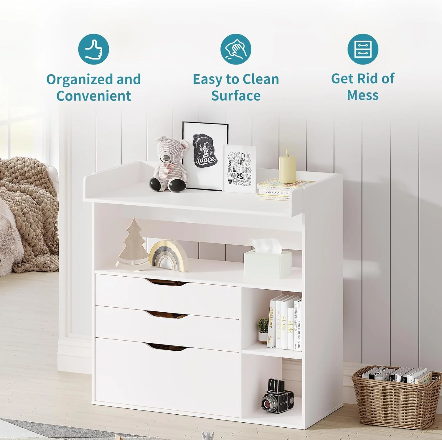 Linor Baby Changing Table Dresser with 3 Drawers and 3 Storage Shelves, Baby Changing Table with Changing Table Top, Baby Changing Station, Diaper Changing Station (White)