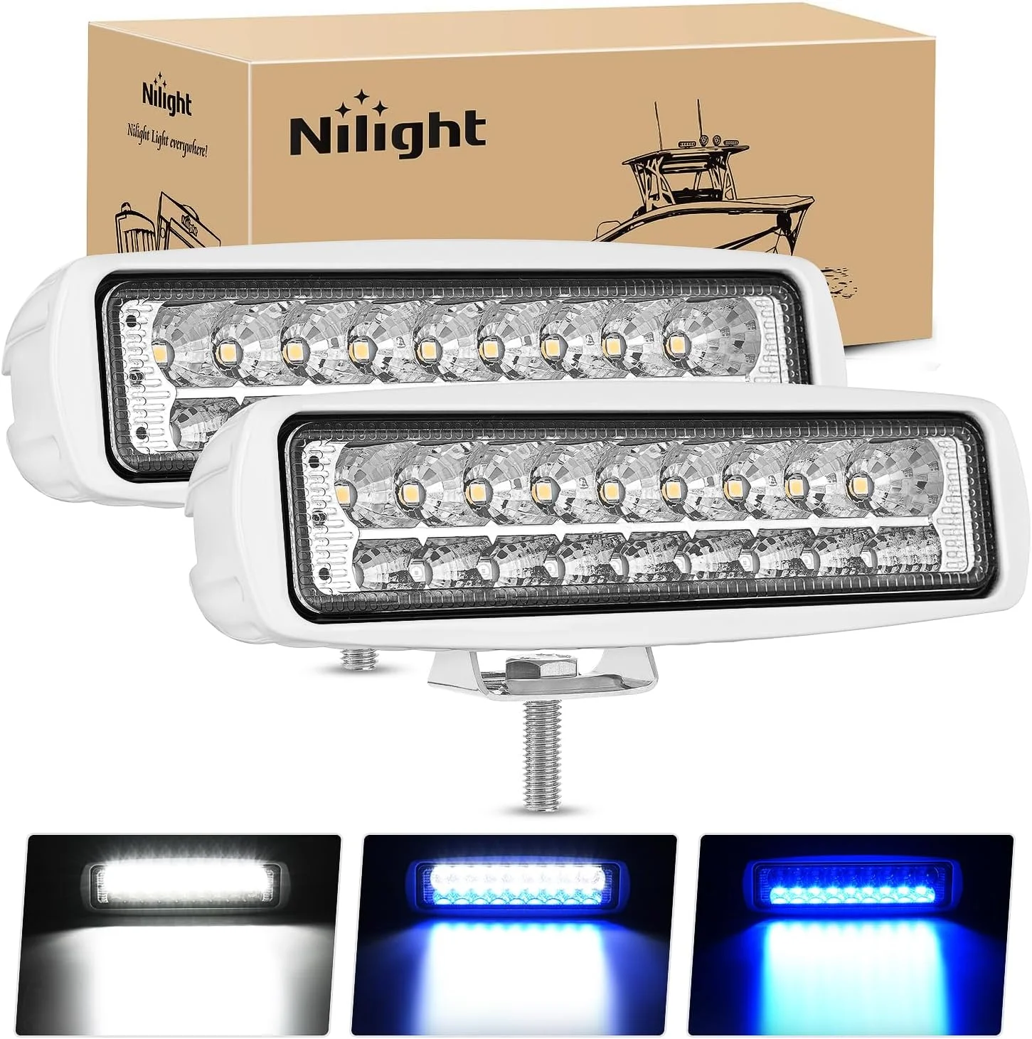 Nilight Marine LED Pods Navigation Lights 2PCS 54W Blue White Flood Beam Ponton Boat Deck Dock Lights for Night Fishing T-top Stern Yacht Kayak Port Sailboat Trucks Tractors