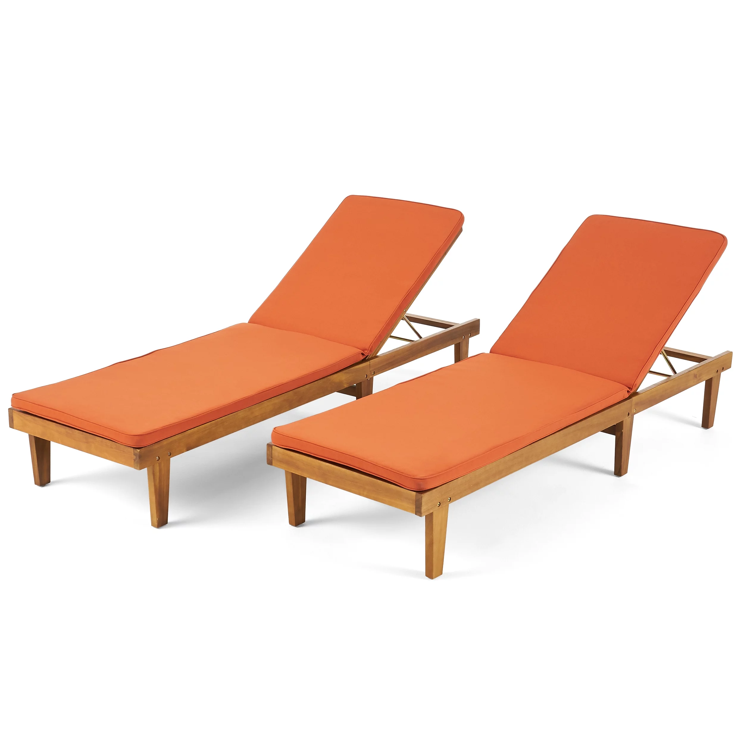 GDF Studio Teresa Outdoor Acacia Wood Armless Adjustable Chaise Lounges with Cushion, Set of 2, Teak and Rust Orange