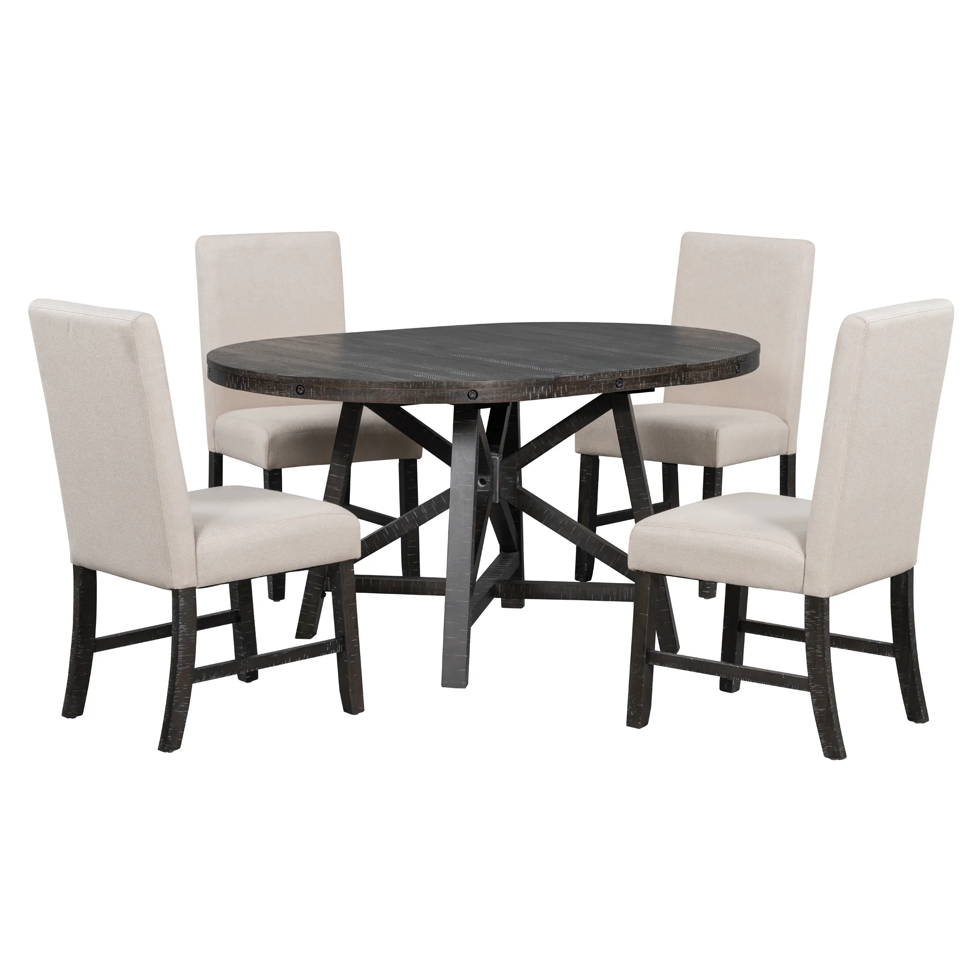 TREXM 5-Piece Retro Dining Set with Extendable Round Table, Removable Middle Leaf, and 4 Upholstered Chairs - Black