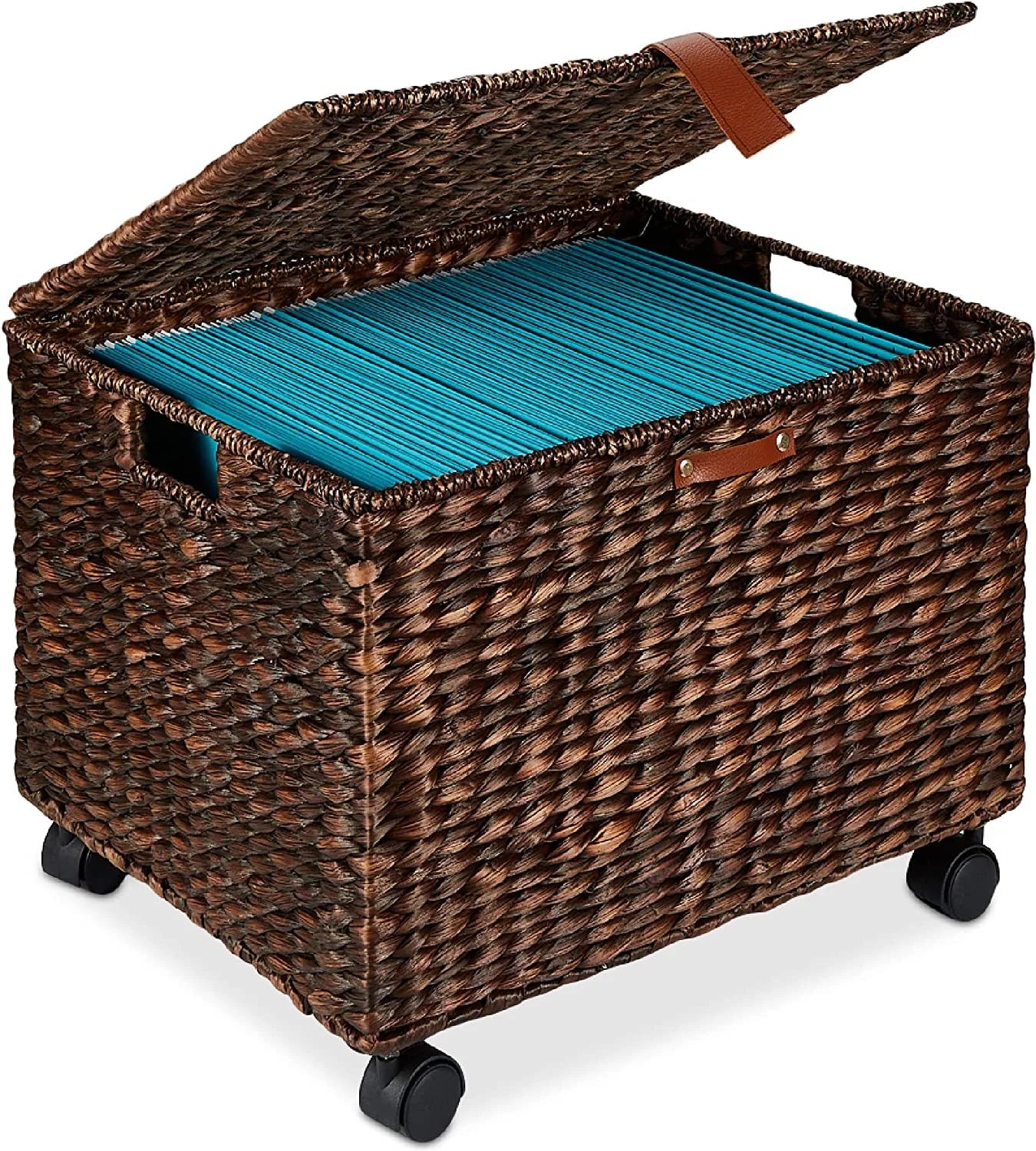 Water Hyacinth Rolling Filing Cabinet, Woven Mobile Storage Basket, Portable File Organizer for Legal & Letter Size Memos w/Lid, 4 Locking Wheels - Brown