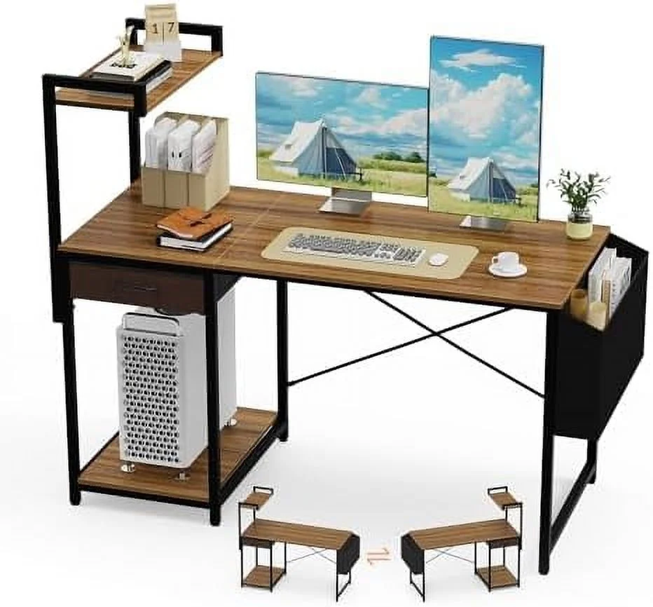 JYHOME Computer Desk with Drawer 47 Inch Home Office with  Simple Modern Work PC Student Writing Gaming Study Desk  with Side Bag & CPU Stand for Bedroom Home Room Black Walnut