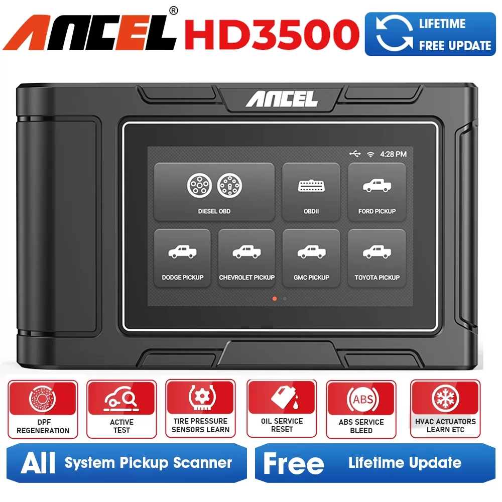 ANCEL HD3500 Pick-up Scanner Heavy Duty Truck Scanner Scan All System DPF Regen Reset Truck Car 2 in 1 Code Reader Diesel Truck Diagnostic Tool for Ford Dodge Chevrolet GMC Toyota Honda Nissan Isuzu