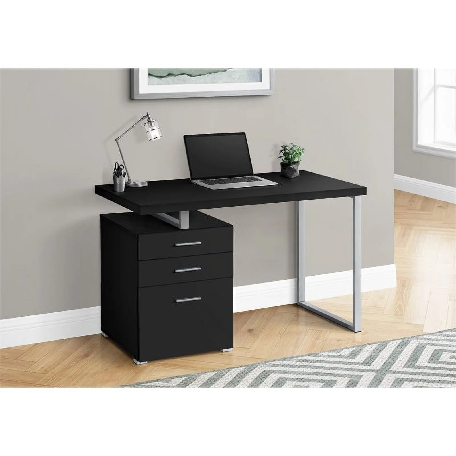 Pemberly Row Contemporary Wood Reversible Pedestal Computer Desk in Black