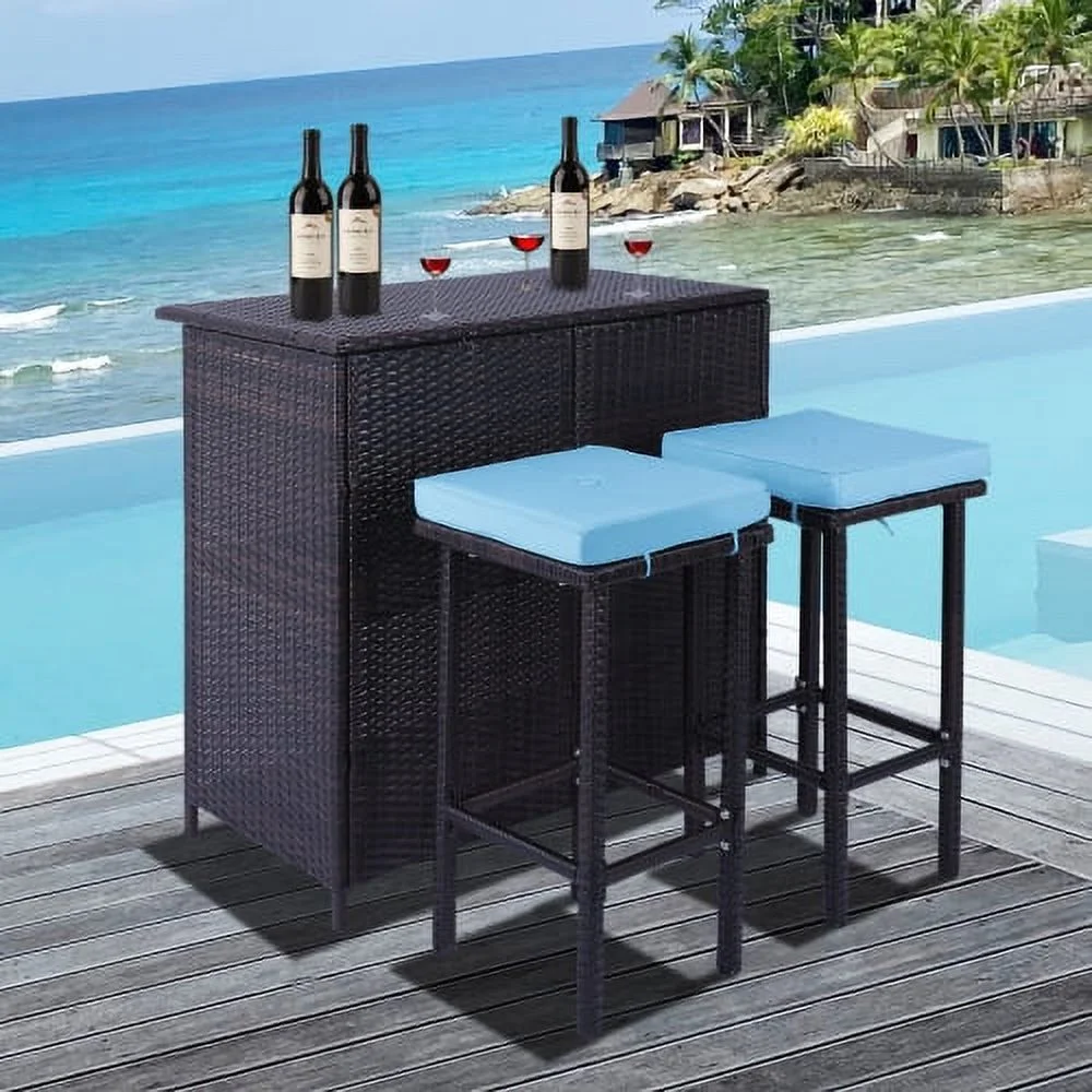 Qulable 3-Piece Patio Outdoor Conversation Bar Set of 1Table and 2Stools,All Weather PE Rattan and Steel Frame Furniture with Removable Cushions