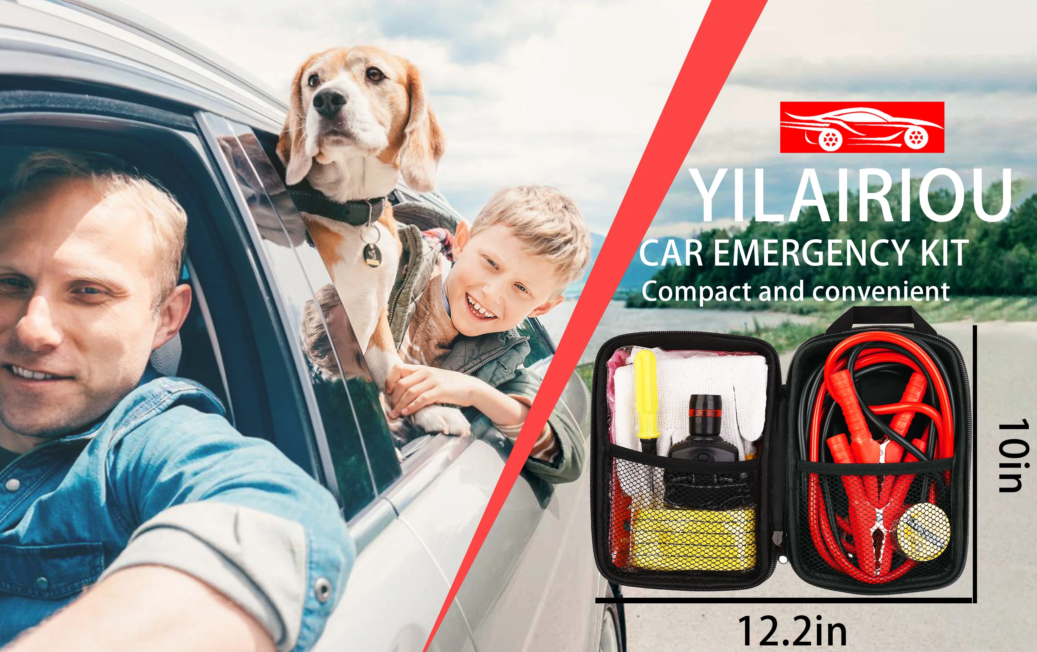 YILAIRIOU Car Roadside Emergency Kit, with Jumper Cables Automotive Kit,Car Safety Roadside Assistance Kit Headlamp,Tow Straps,Screwdrivers, Rainwear, Gloves.Red