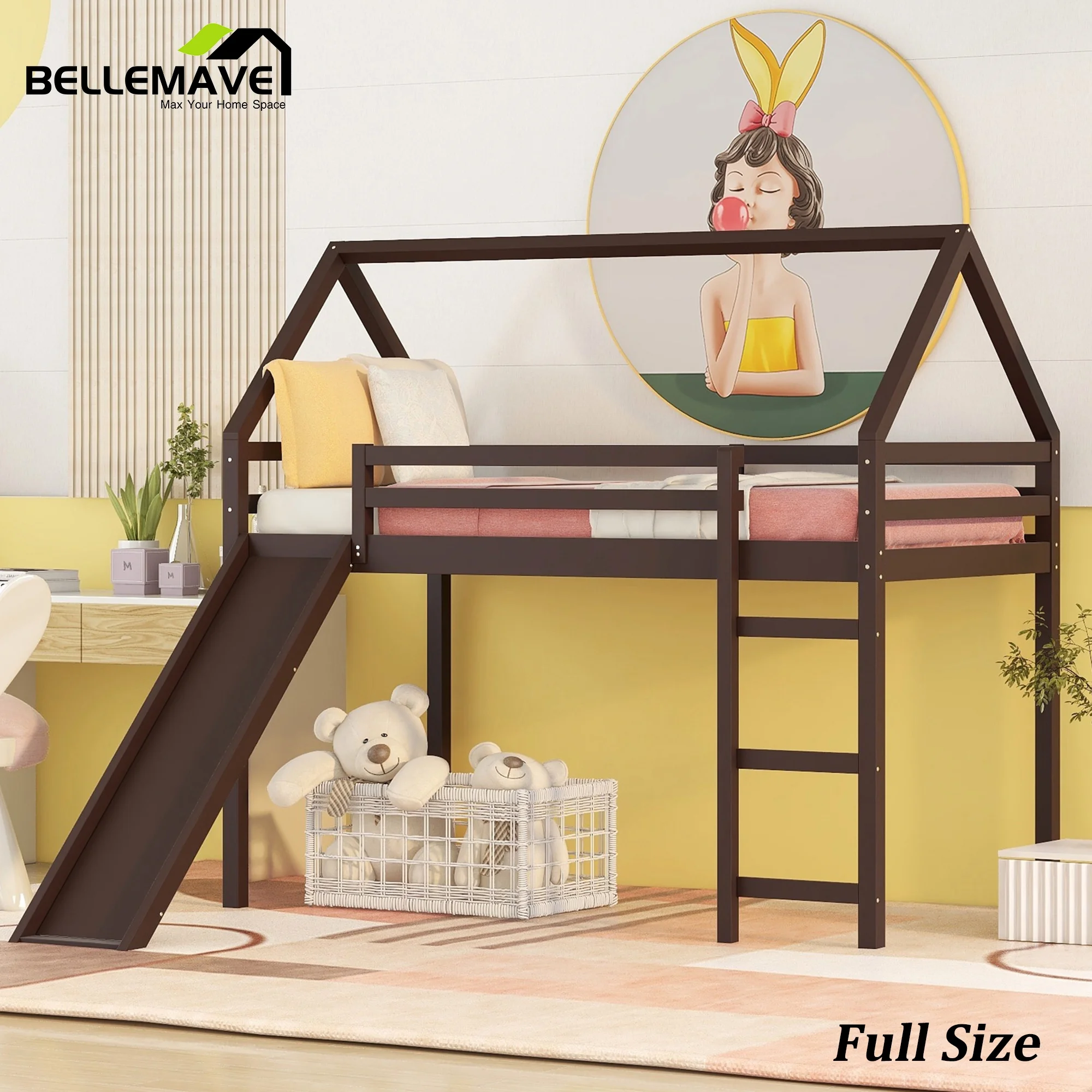 Full Loft Bed with Slide and Ladder, House Loft Bed Full Size, Kids House Bed with Silde, Low Loft Bed for Kids,Girls, Boys(Espresso)
