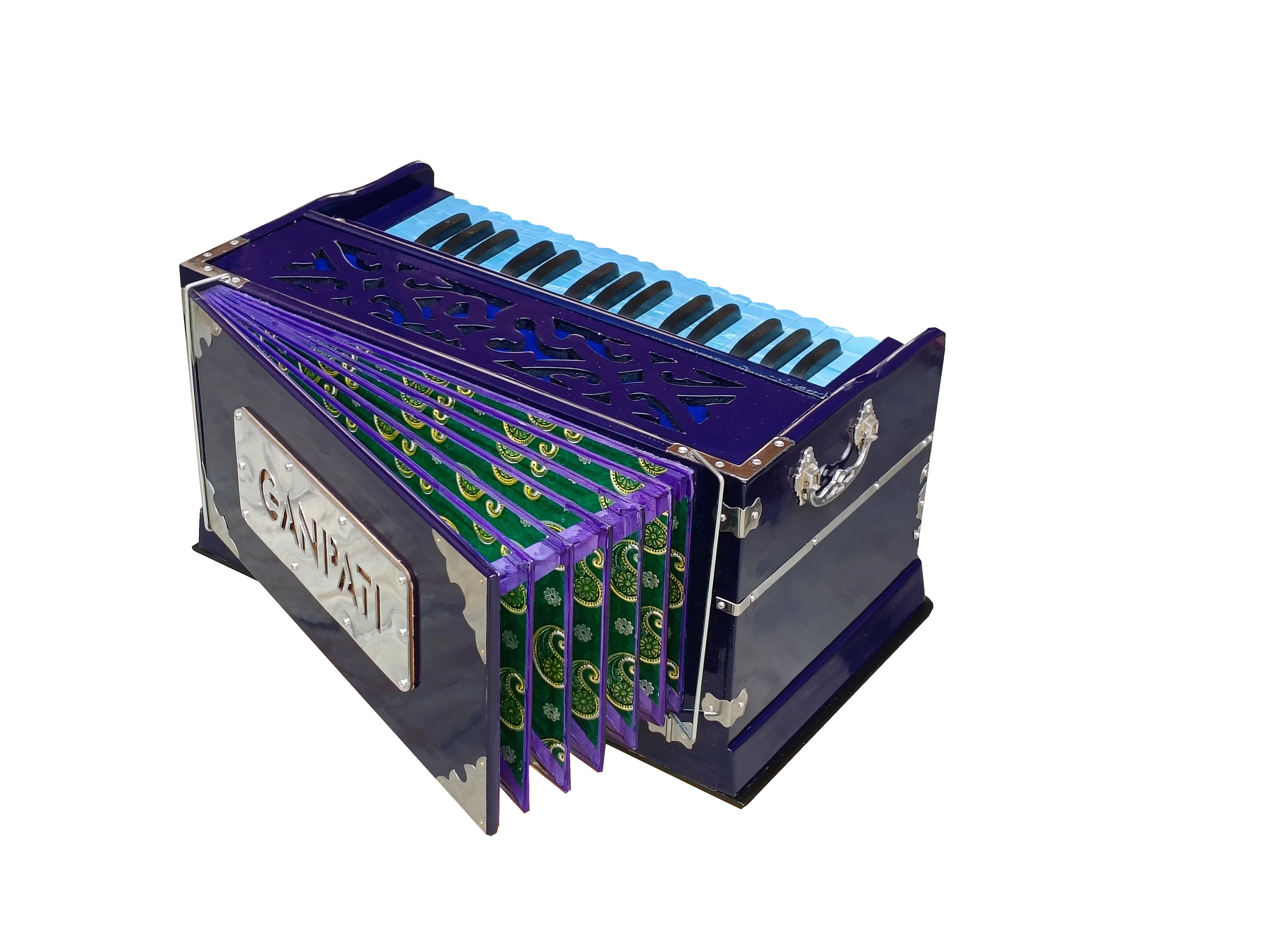 Harmonium Blue~2 Octaves~4 Stops~Double Reeds~440 Hz~32 Keys~7 Fold Bellow~Bhajan~Kirtan