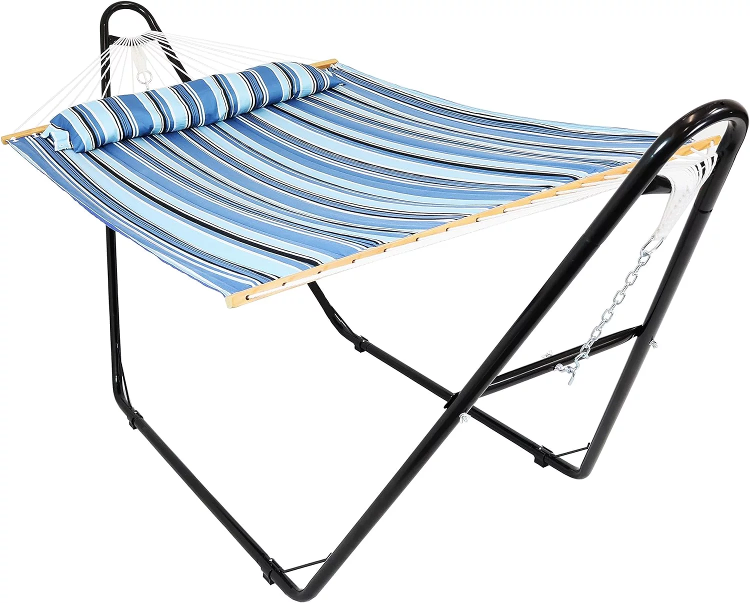 Double Quilted Fabric Hammock With Universal Steel Stand - 450-Pound Capacity - Black Stand - Misty Beach